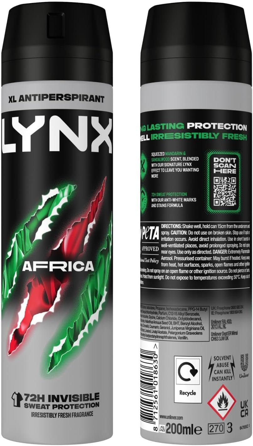 Lynx Africa 72-Hour Odour & Wetness Protection Anti-Perspirant Deodorant Spray - 200ml Pack of 3 for All-Day Freshness