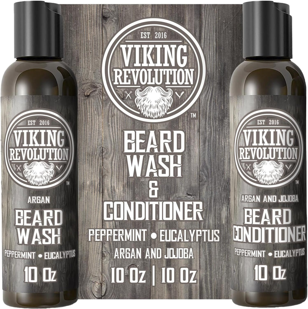 Beard Shampoo & Conditioner Set - Natural Wash & Conditioner with Argan & Jojoba Oils - Softens & Strengthens - Refreshing Peppermint & Eucalyptus - Perfect Gift for Men - 600 ml Total