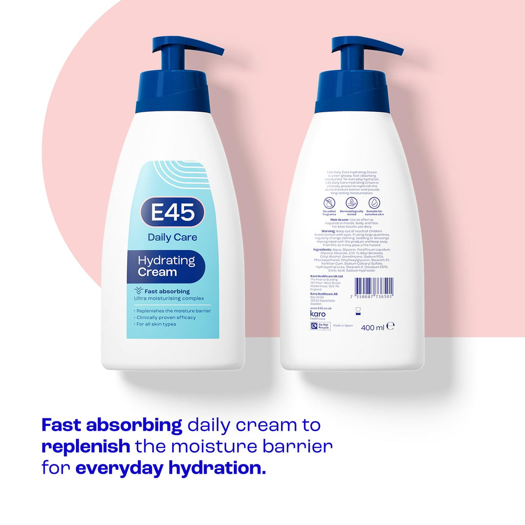 E45 Daily Hydrating Cream 400ml - Ultimate Moisturisation for All Skin Types, Non-Greasy & Fast Absorbing, Perfume-Free, Dermatologically Tested Body, Face & Hand Cream