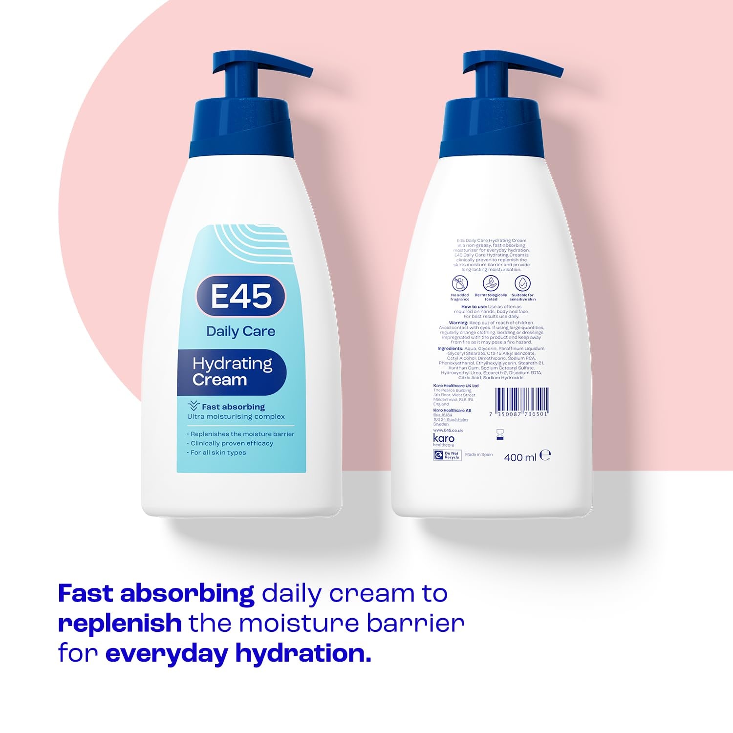 E45 Daily Hydrating Cream 400ml - Ultimate Moisturisation for All Skin Types, Non-Greasy & Fast Absorbing, Perfume-Free, Dermatologically Tested Body, Face & Hand Cream