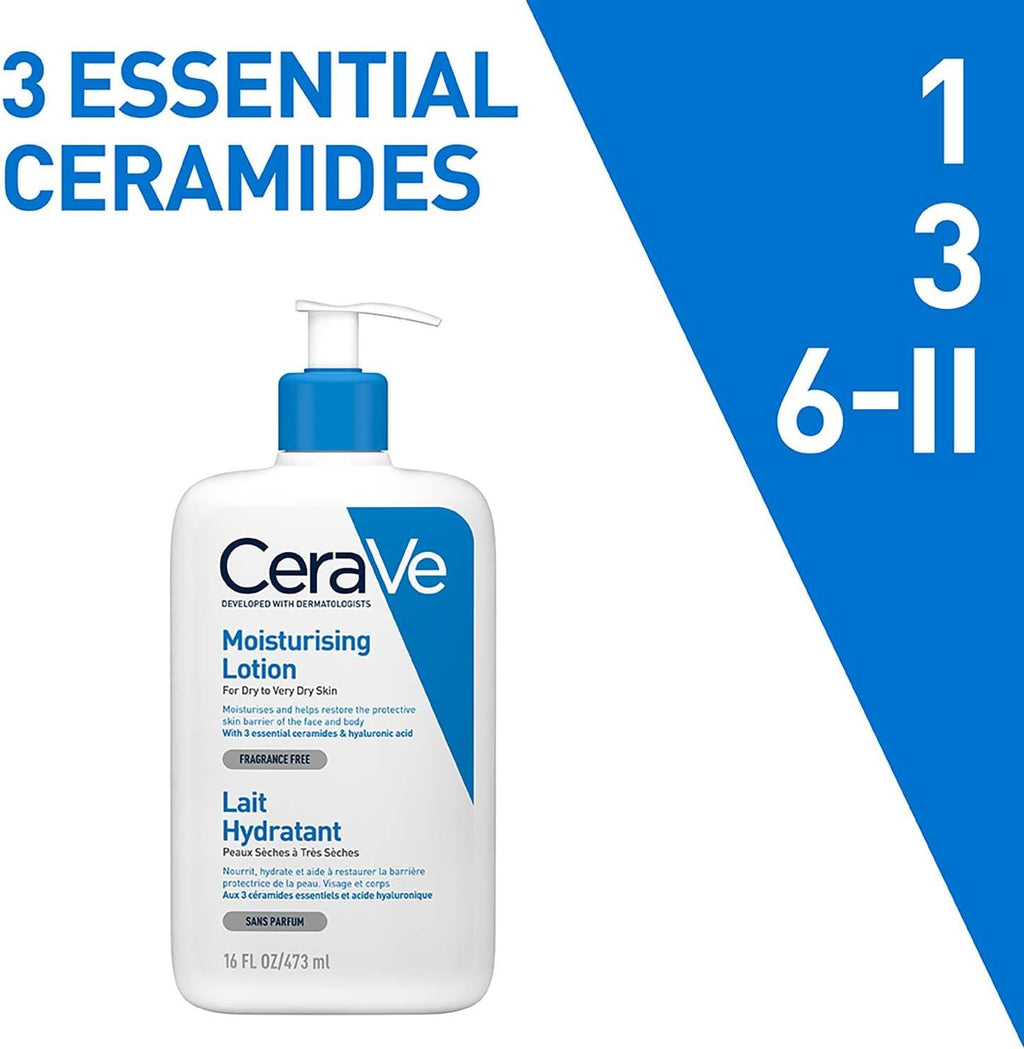 Moisturising Lotion - Hydrating Daily Face & Body Moisturiser with 3 Essential Ceramides & Hyaluronic Acid for Dry to Very Dry Skin - 473ml/16oz