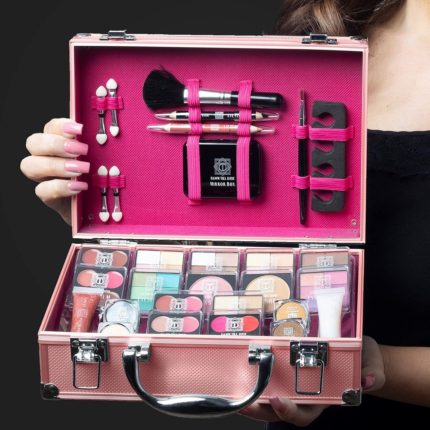 Envie Rose Gold 80-Piece Makeup Set with Travel Vanity Box - Complete Collection with Eyeshadow Palette, Lip Gloss, Lipsticks, Makeup Brushes, and More!