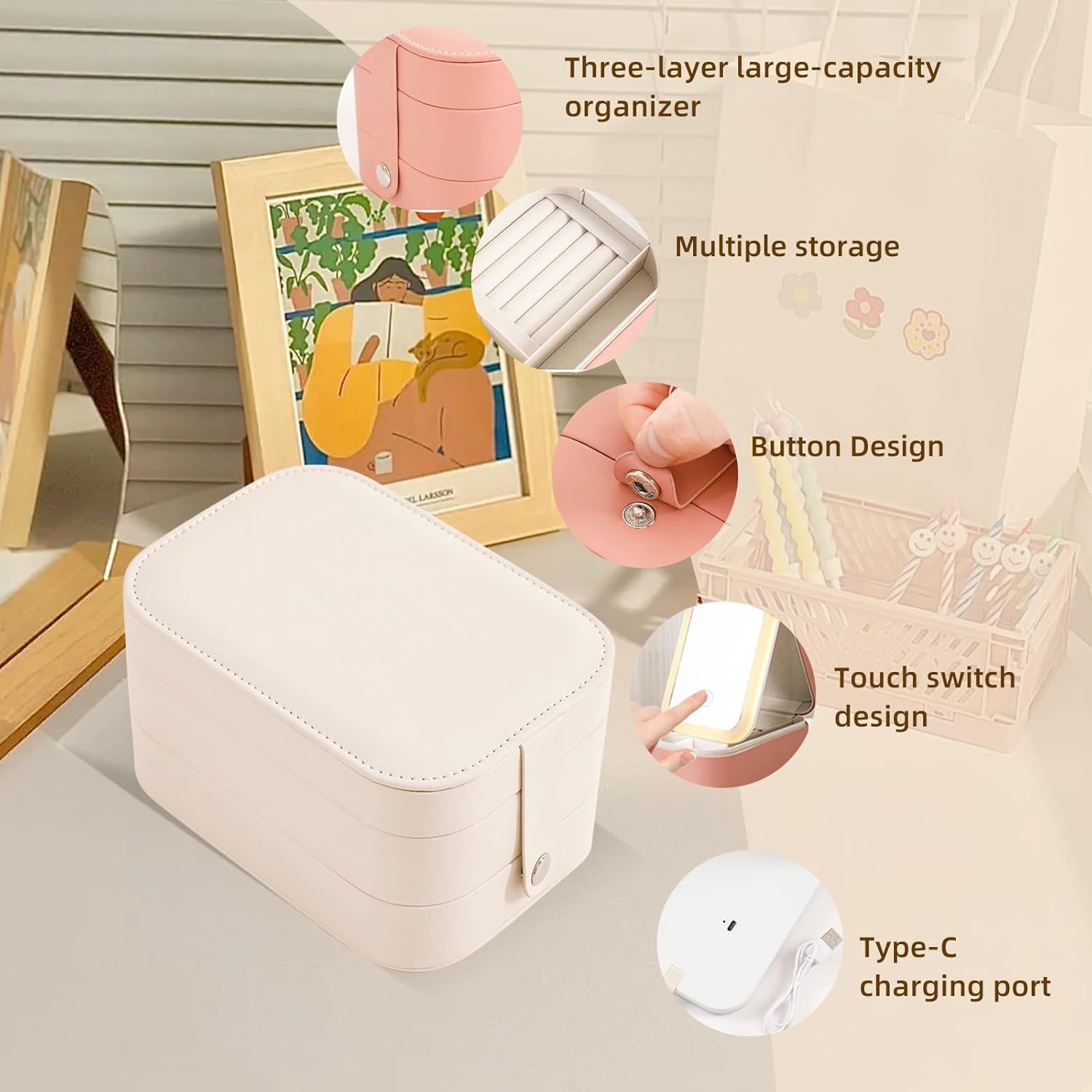 3-Layer Travel Makeup Bag with LED Illuminated Mirror - Stylish Portable Organizer for Cosmetics and Jewelry in White