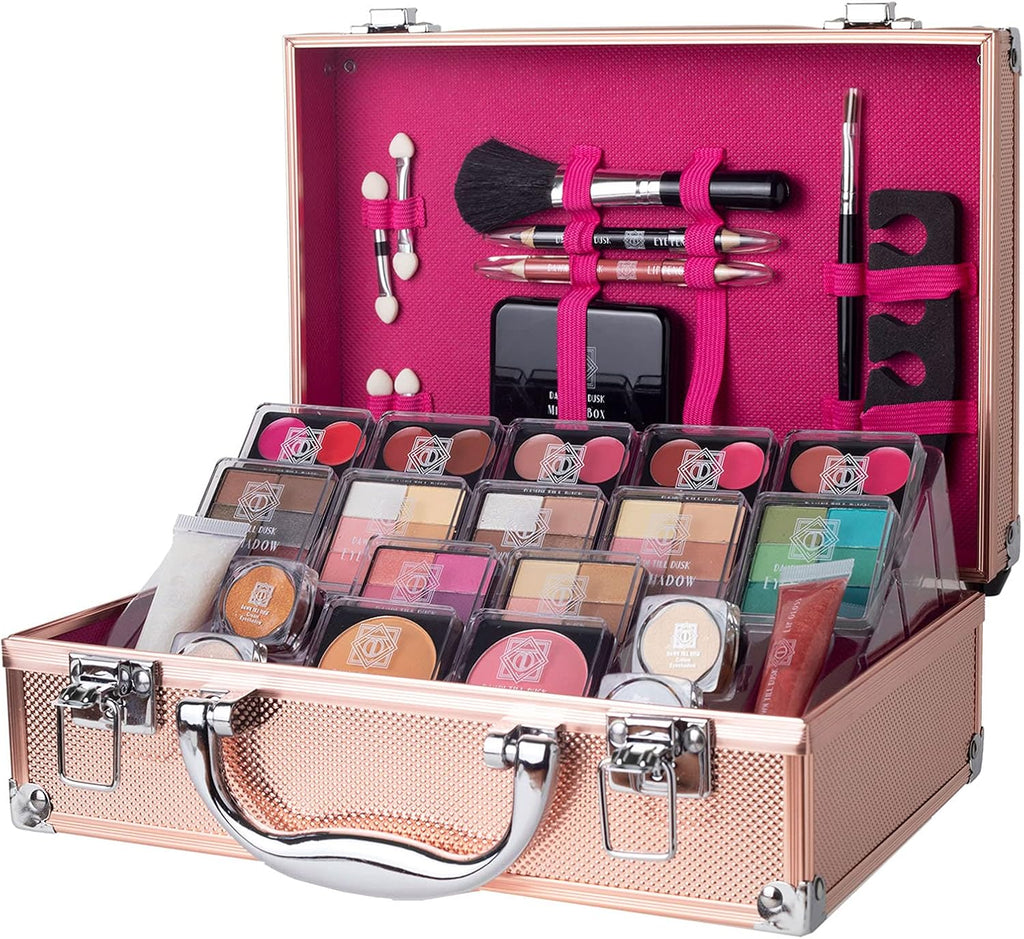 Envie Rose Gold 80-Piece Makeup Set with Travel Vanity Box - Complete Collection with Eyeshadow Palette, Lip Gloss, Lipsticks, Makeup Brushes, and More!