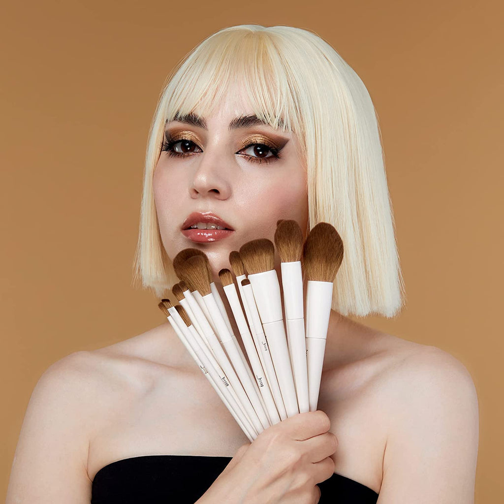 14-Piece Premium Synthetic Makeup Brush Set - Perfect for Contour, Concealer, Foundation, Eyeshadow, Blending, Liner, Powder, and Blush - Elegant Light Grey T329