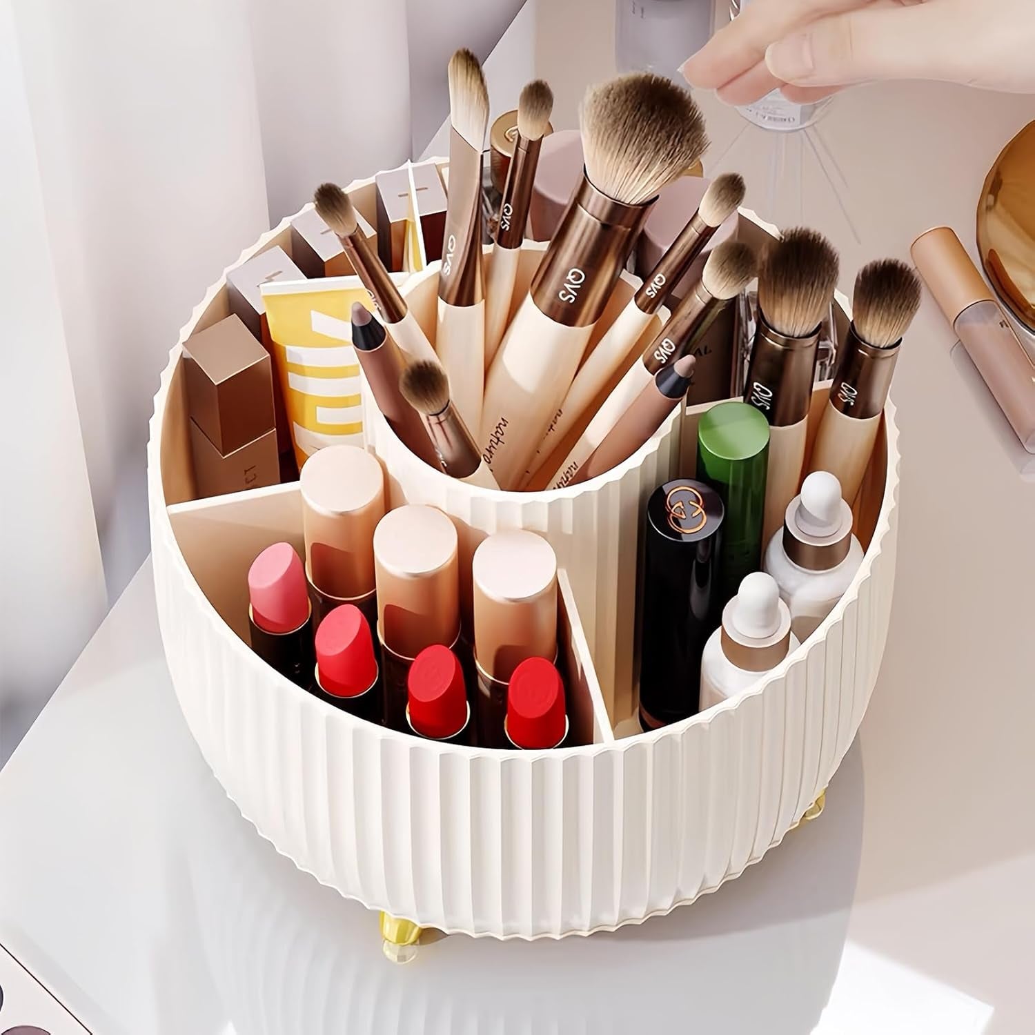 360° Rotating Makeup Organizer - Stylish 5-Compartment Brush Holder for Vanity, Desk & Office (White)