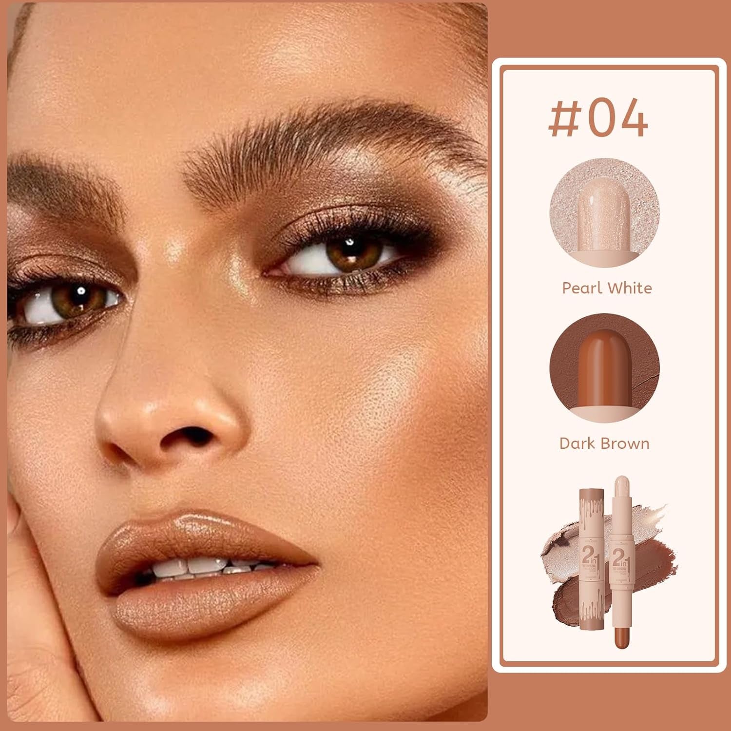 2-in-1 Cream Contour & Highlighter Stick - Easy Blendable Bronzer for Flawless Face Shaping (Pearl White & Dark Brown)