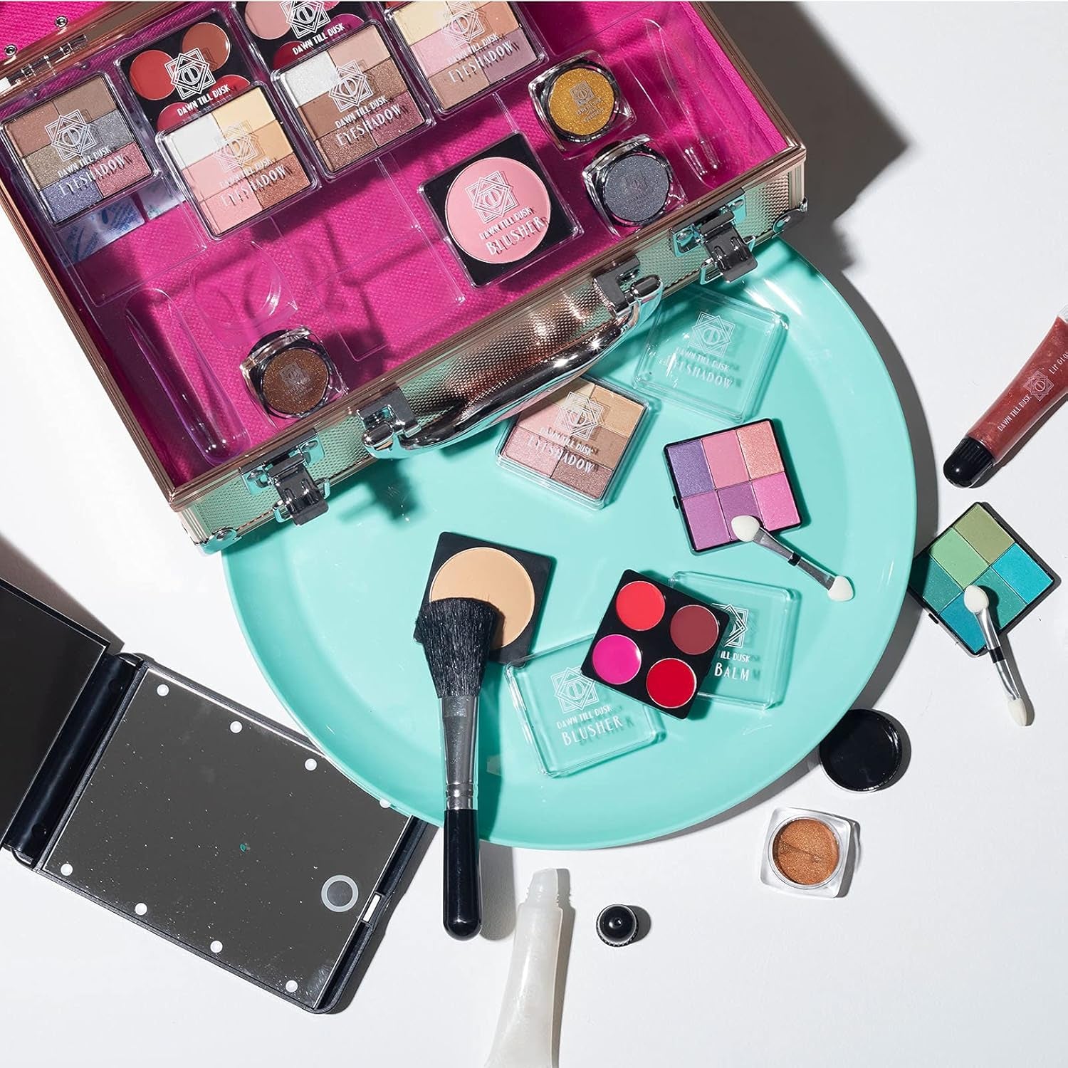 Envie Rose Gold 80-Piece Makeup Set with Travel Vanity Box - Complete Collection with Eyeshadow Palette, Lip Gloss, Lipsticks, Makeup Brushes, and More!