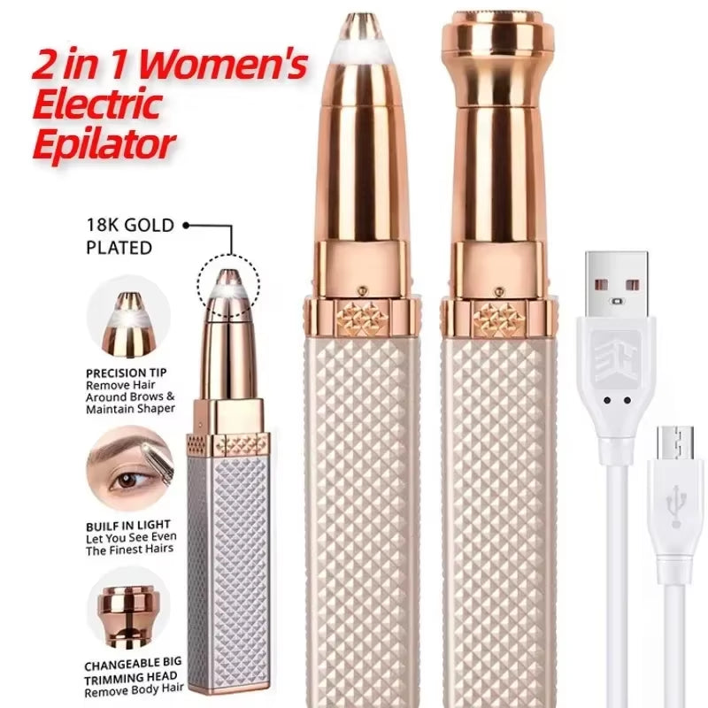 2 in 1 Women'S Electric Epilator USB Charging Portable Hair Remover Bikini Painless Shaver for Women Body Facial Eyebrow Trimmer