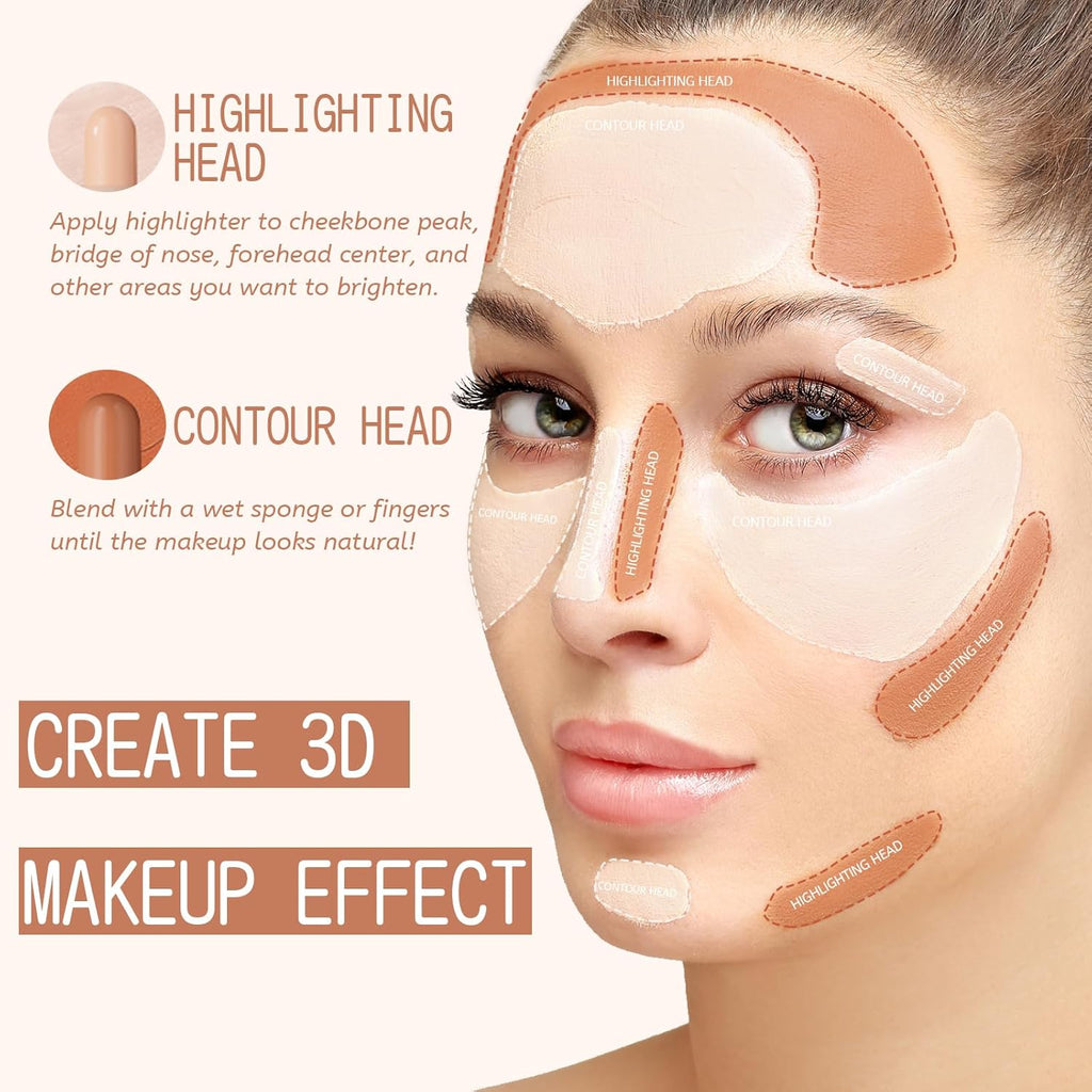 2-in-1 Cream Contour & Highlighter Stick - Easy Blendable Bronzer for Flawless Face Shaping (Pearl White & Dark Brown)