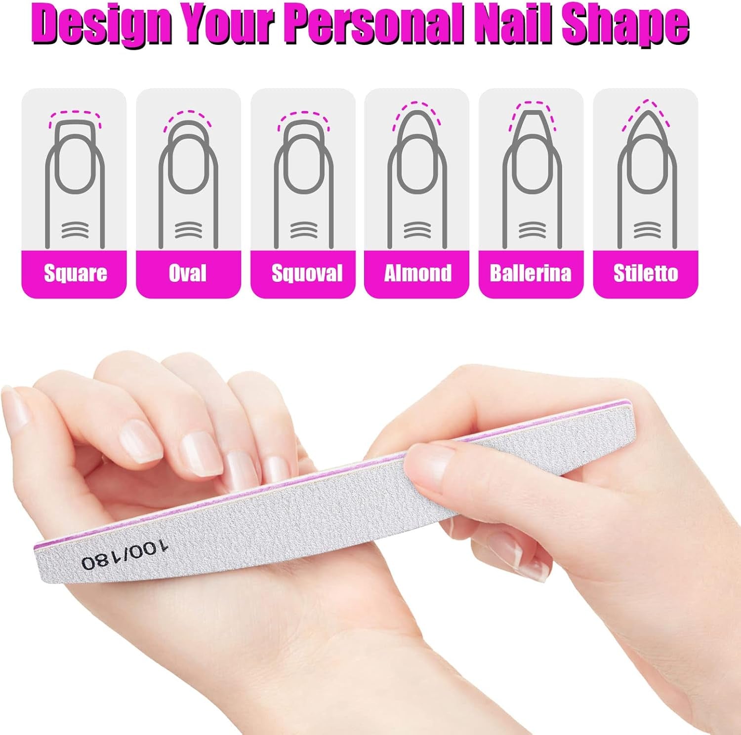 10-Piece Nail File Set - Versatile 5 Shapes for Acrylic & Gel Nails, 100/180 Grit Emery Boards & Buffers