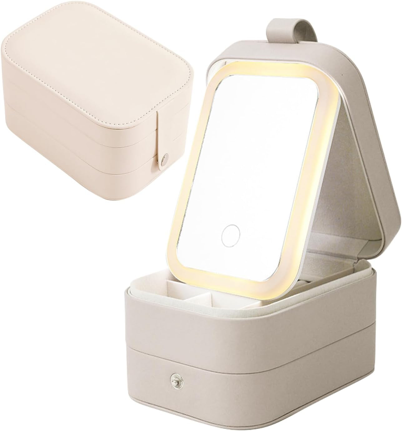 3-Layer Travel Makeup Bag with LED Illuminated Mirror - Stylish Portable Organizer for Cosmetics and Jewelry in White