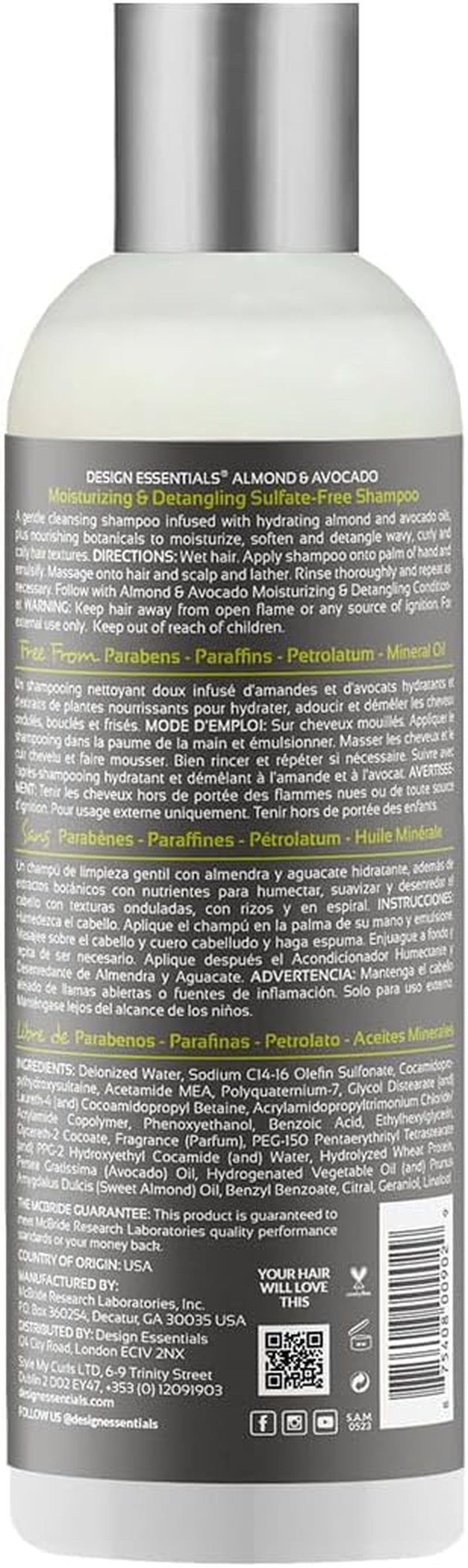 Natural Almond & Avocado Moisturizing Shampoo - Sulfate-Free Detangler, 12 oz