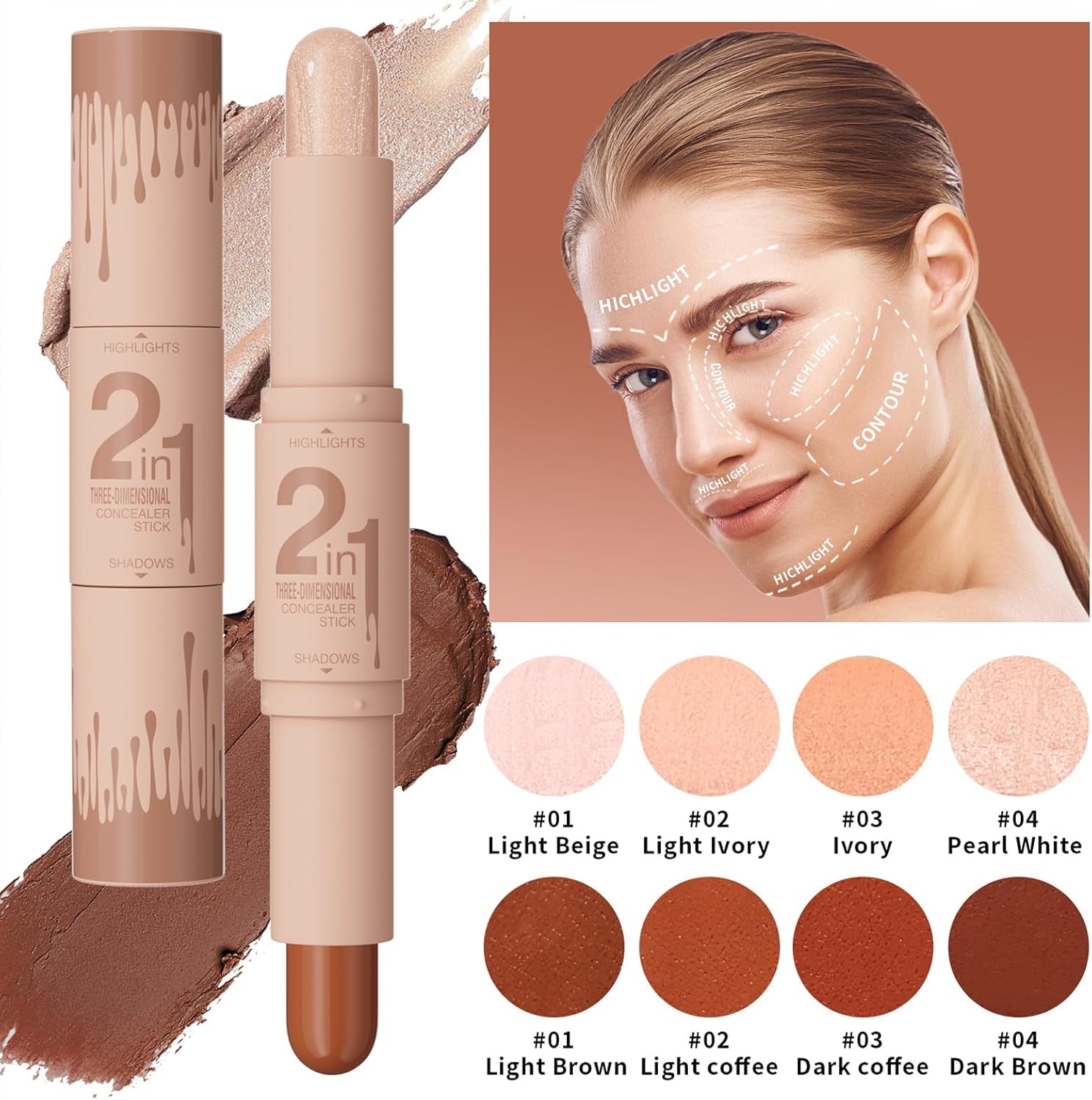 2-in-1 Cream Contour & Highlighter Stick - Easy Blendable Bronzer for Flawless Face Shaping (Pearl White & Dark Brown)