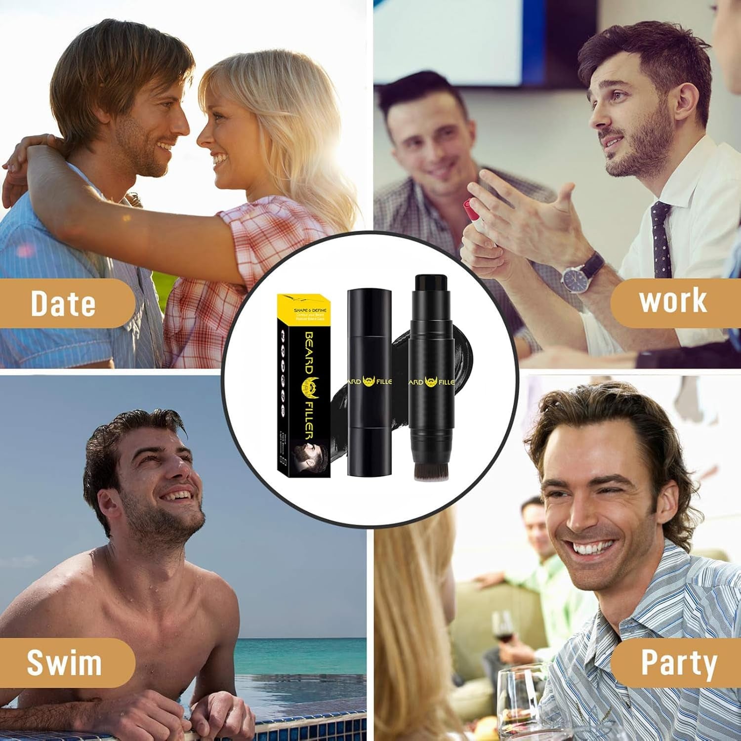 Black Beard Brush for Men - Waterproof Colouring Pencil for Natural Mustache Coverage and Styling - Long-Lasting Definition and Thickness Enhancer