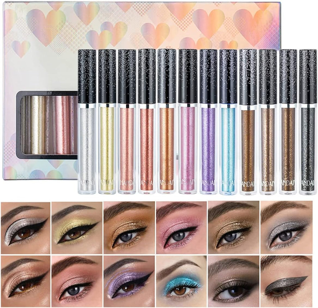Vibrant 12-Color Liquid Eyeshadow Set - Waterproof, Long-Lasting, Glittery & Metallic for Stunning Smokey Eyes