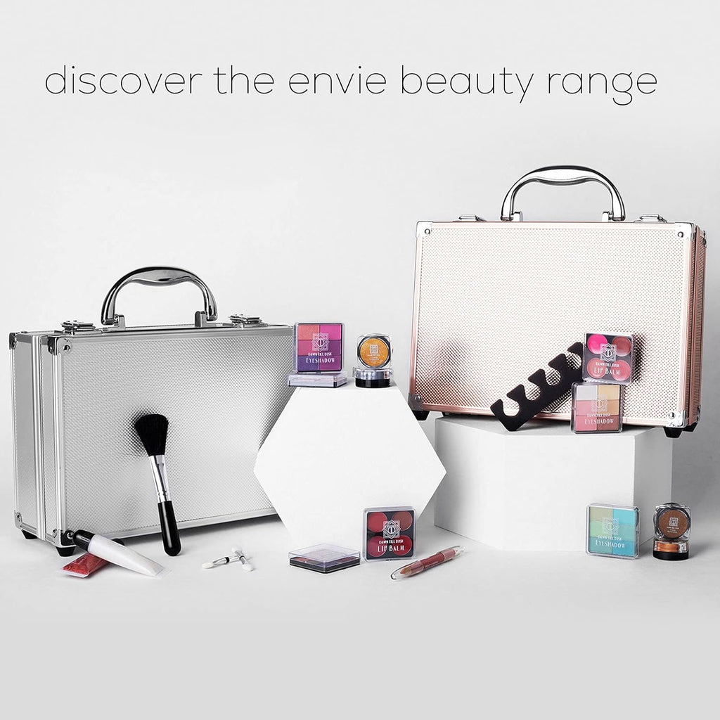 Envie Rose Gold 80-Piece Makeup Set with Travel Vanity Box - Complete Collection with Eyeshadow Palette, Lip Gloss, Lipsticks, Makeup Brushes, and More!
