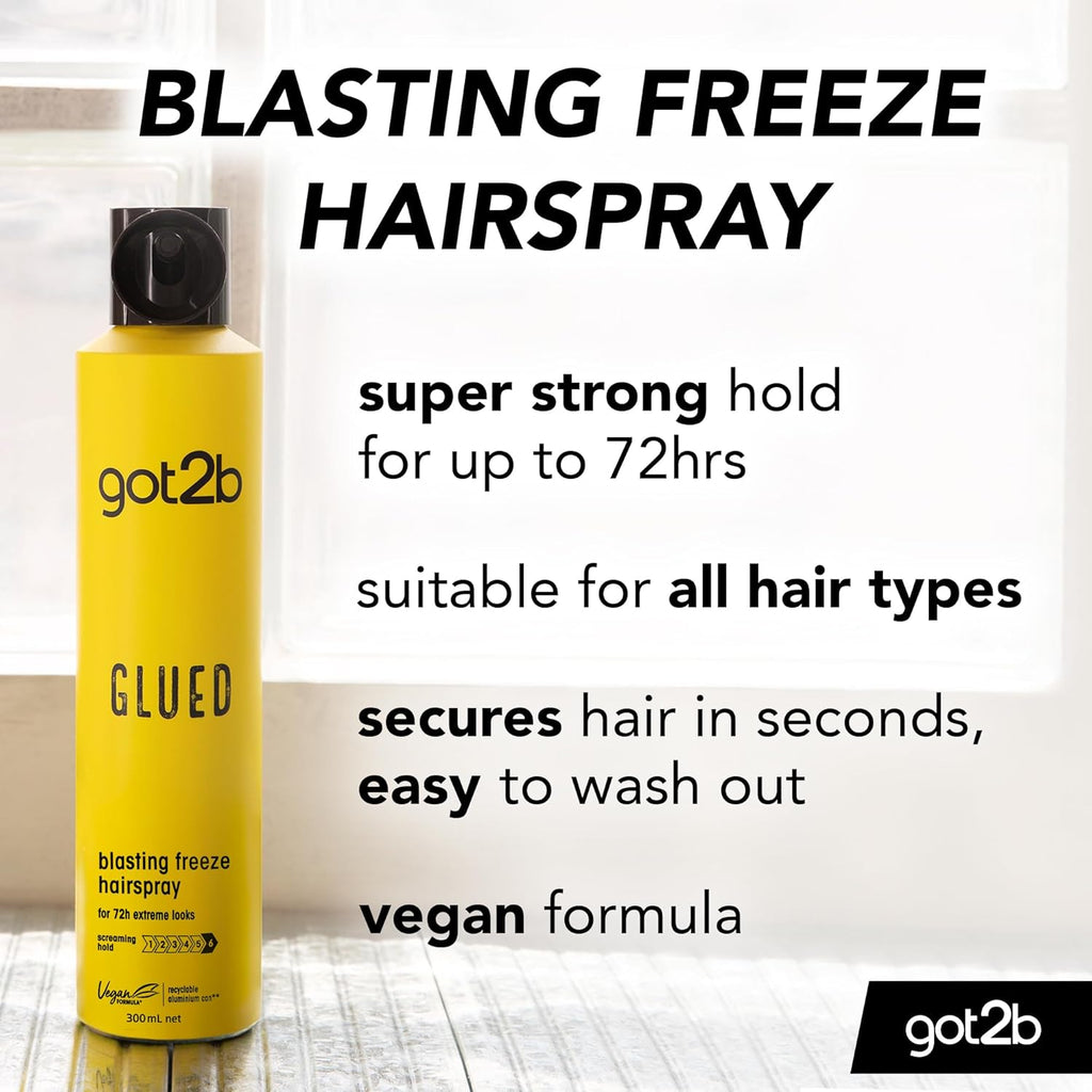 Glued Blasting Freeze Hairspray 300ml - Ultimate 72H Ultra Strong Hold for Extreme Hairstyles - Vegan Formula