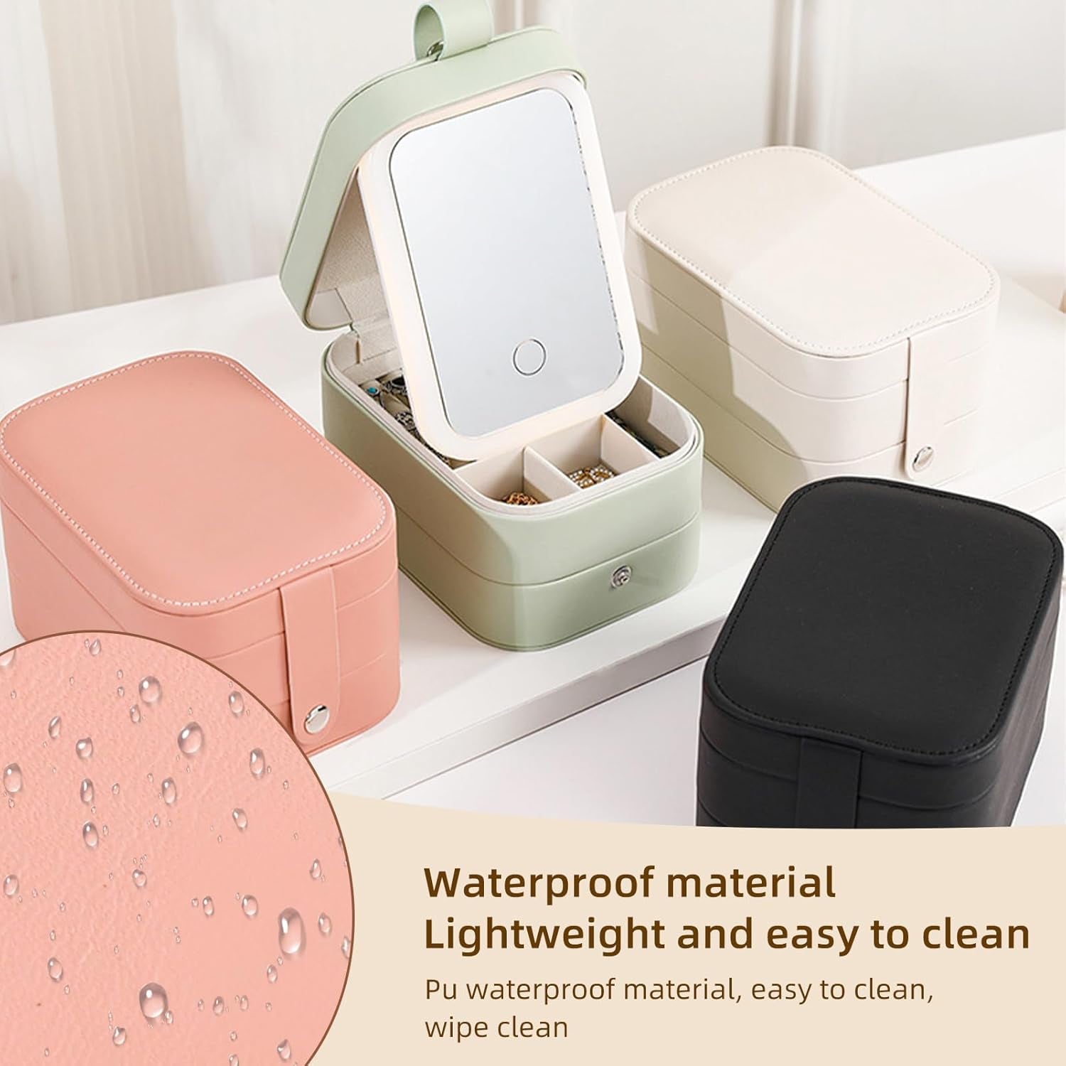 3-Layer Travel Makeup Bag with LED Illuminated Mirror - Stylish Portable Organizer for Cosmetics and Jewelry in White