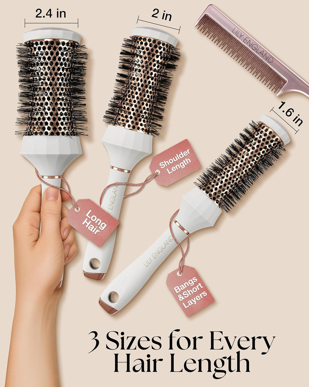 Professional Round Hair Brush Set - 4 Piece Blow Dry Kit with 3 Round Brushes & Styling Comb - Perfect Beauty Gift for Women