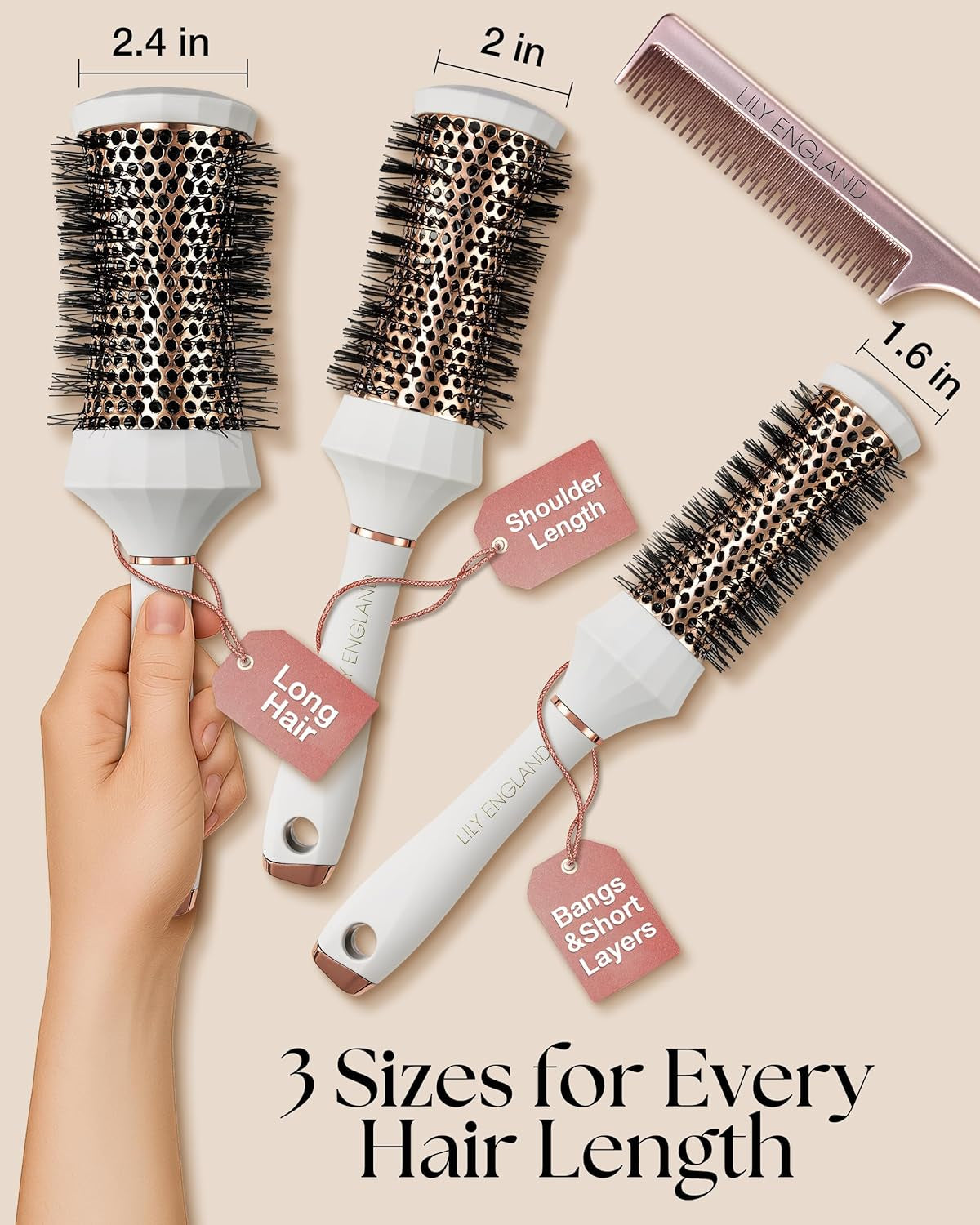 Professional Round Hair Brush Set - 4 Piece Blow Dry Kit with 3 Round Brushes & Styling Comb - Perfect Beauty Gift for Women