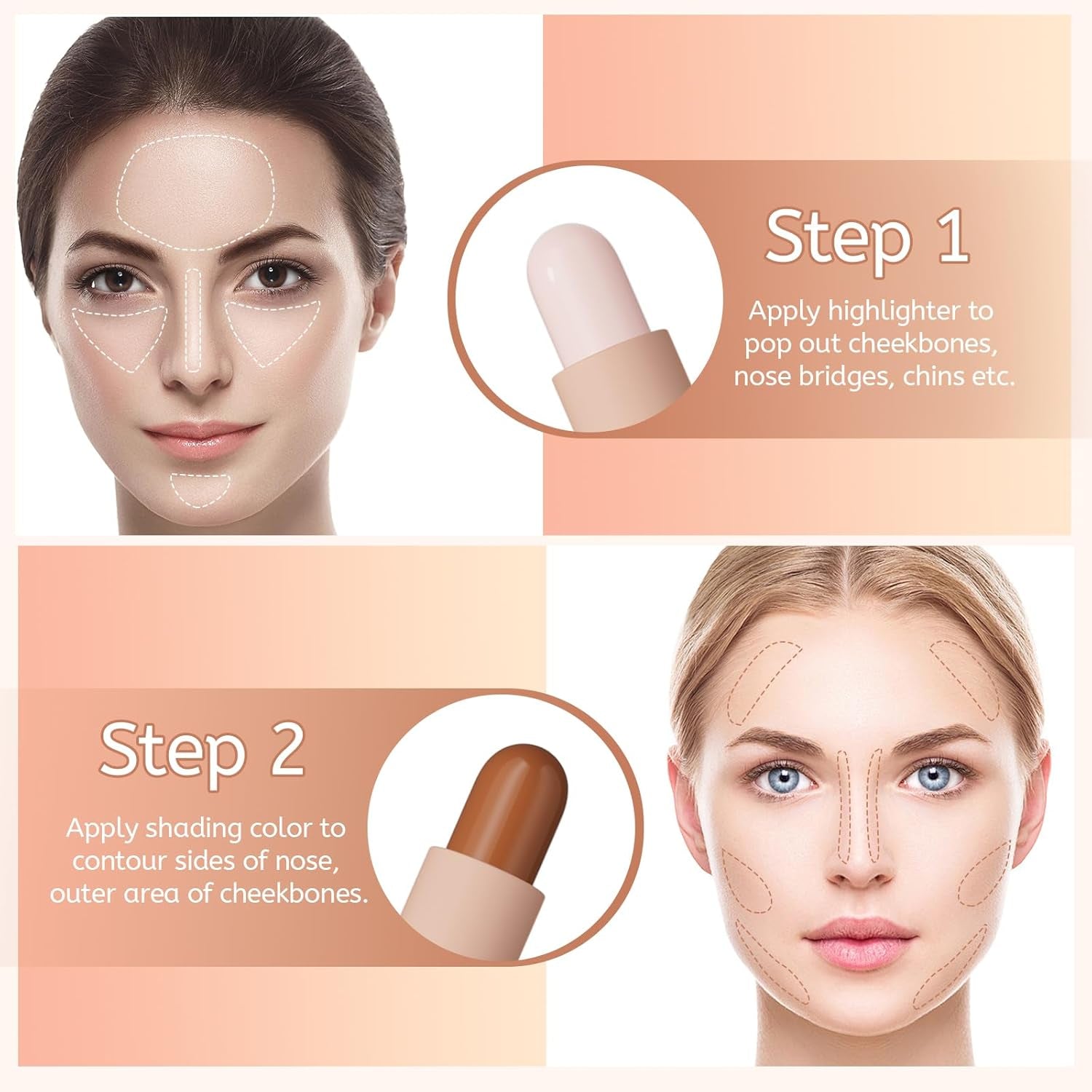 2-in-1 Cream Contour & Highlighter Stick - Easy Blendable Bronzer for Flawless Face Shaping (Pearl White & Dark Brown)