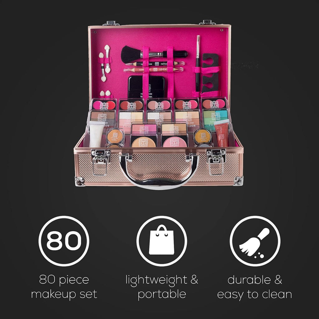 Envie Rose Gold 80-Piece Makeup Set with Travel Vanity Box - Complete Collection with Eyeshadow Palette, Lip Gloss, Lipsticks, Makeup Brushes, and More!