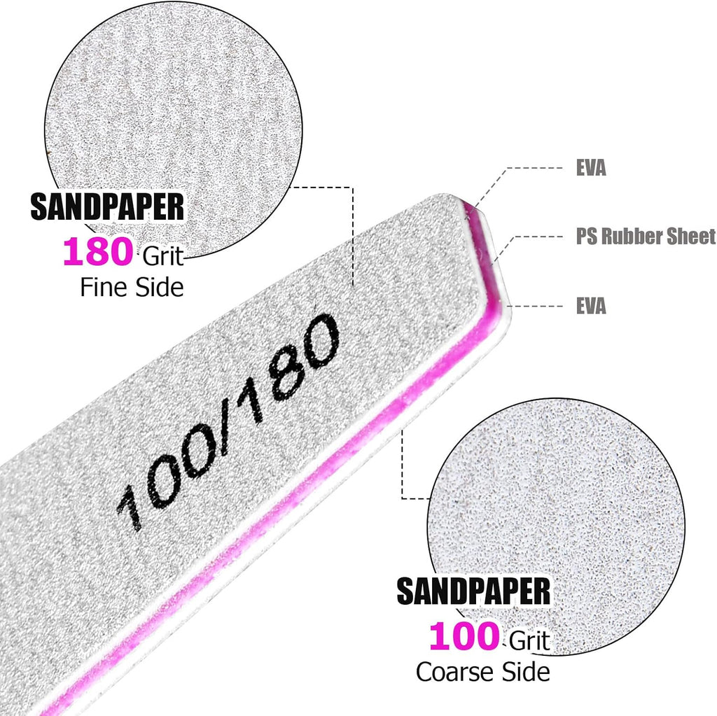 10-Piece Nail File Set - Versatile 5 Shapes for Acrylic & Gel Nails, 100/180 Grit Emery Boards & Buffers