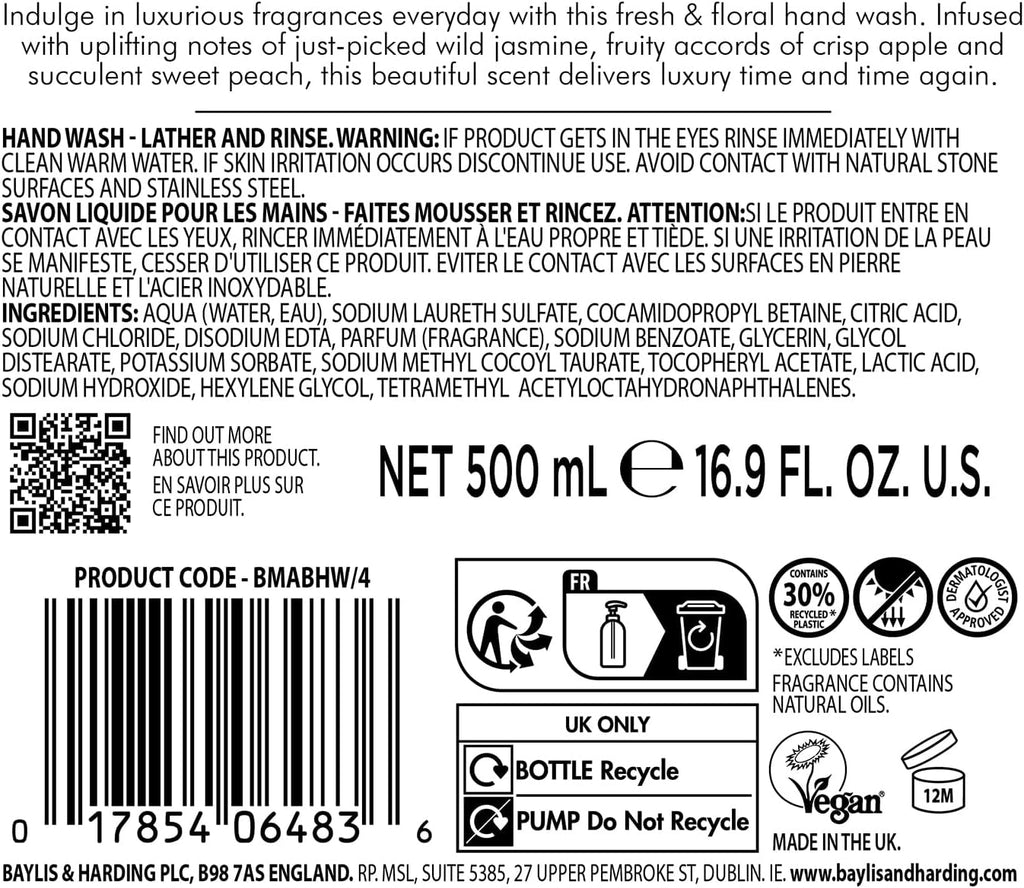 Jasmine & Apple Blossom Anti-Bacterial Hand Wash - 500ml (Pack of 3) - Vegan Friendly & Refreshing Cleanliness