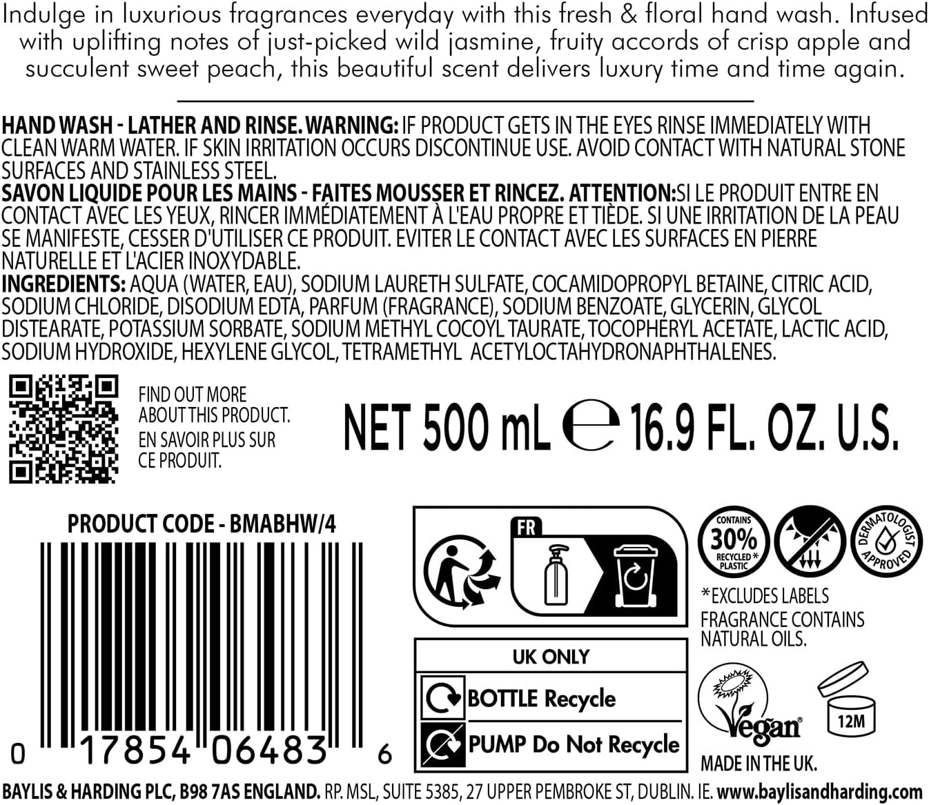 Jasmine & Apple Blossom Anti-Bacterial Hand Wash - 500ml (Pack of 3) - Vegan Friendly & Refreshing Cleanliness