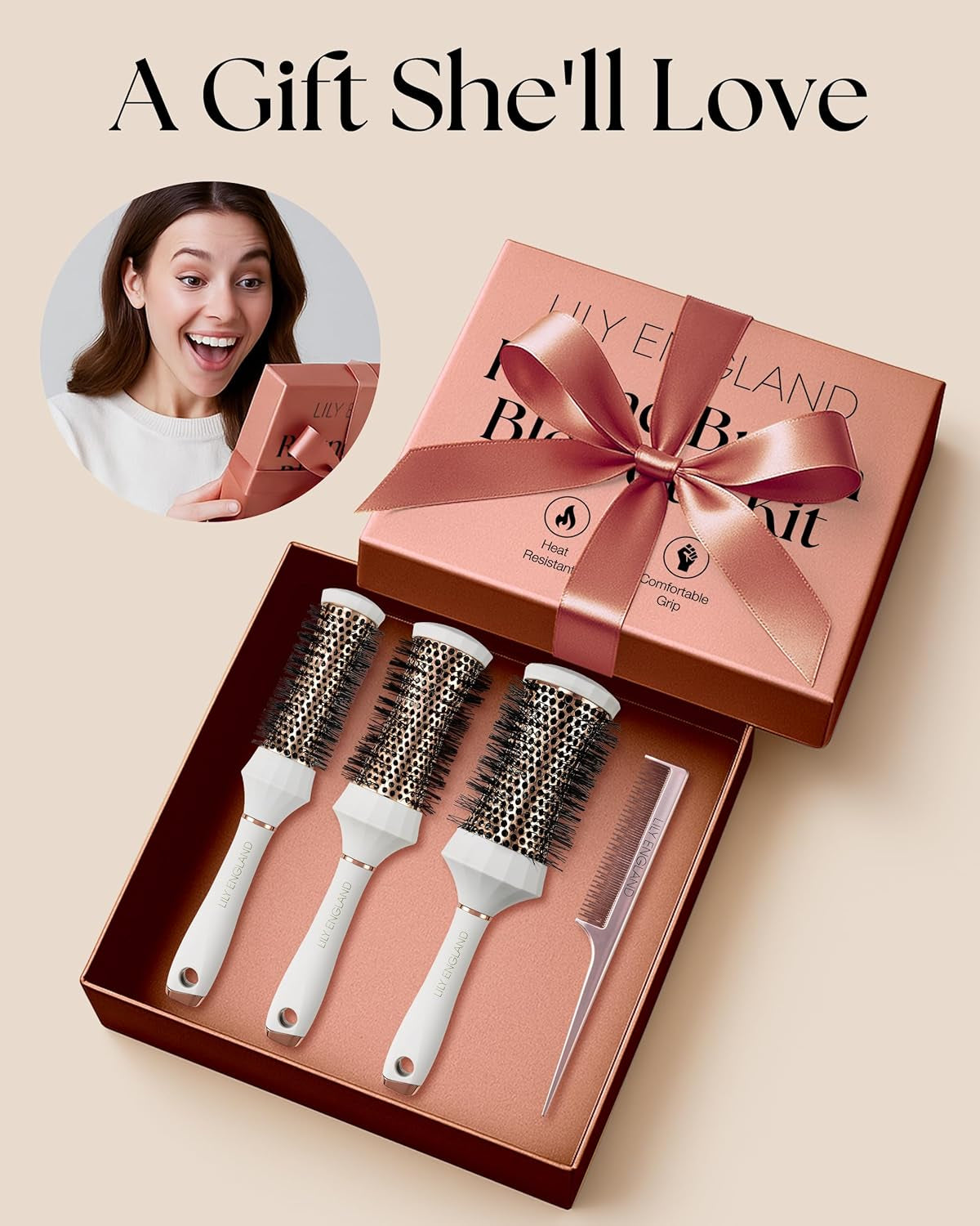 Professional Round Hair Brush Set - 4 Piece Blow Dry Kit with 3 Round Brushes & Styling Comb - Perfect Beauty Gift for Women