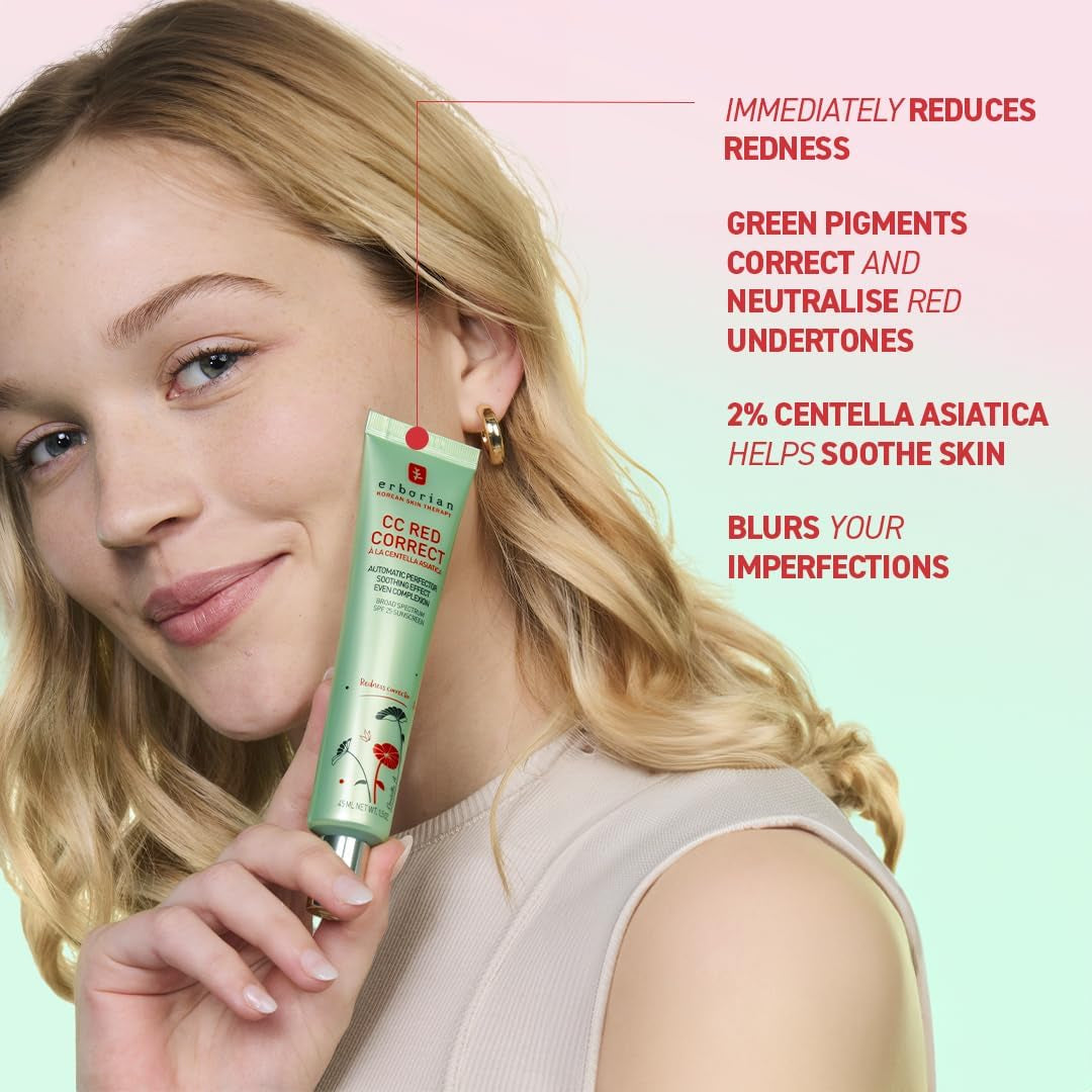 CC Red Correct with Centella Asiatica - Imperfection-Covering Complexion Perfector and Corrector - Cosmetic Care with Color Correction for Face with SPF 25