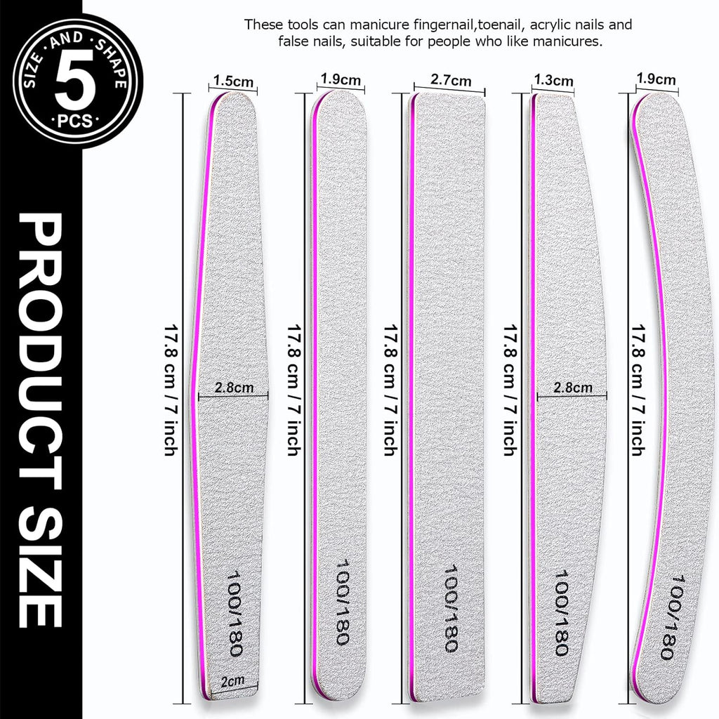 10-Piece Nail File Set - Versatile 5 Shapes for Acrylic & Gel Nails, 100/180 Grit Emery Boards & Buffers