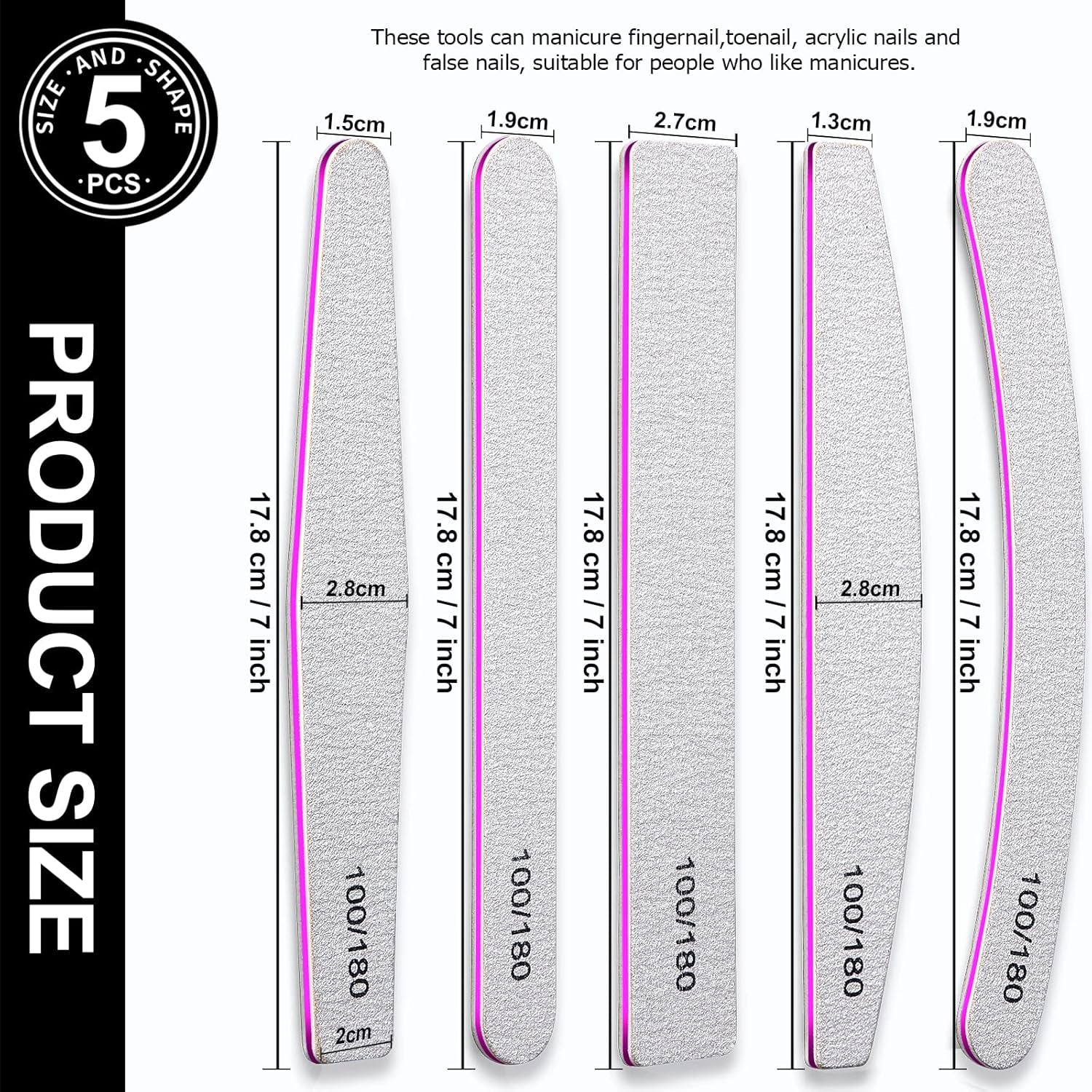 10-Piece Nail File Set - Versatile 5 Shapes for Acrylic & Gel Nails, 100/180 Grit Emery Boards & Buffers