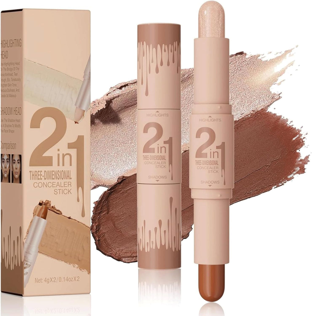 2-in-1 Cream Contour & Highlighter Stick - Easy Blendable Bronzer for Flawless Face Shaping (Pearl White & Dark Brown)