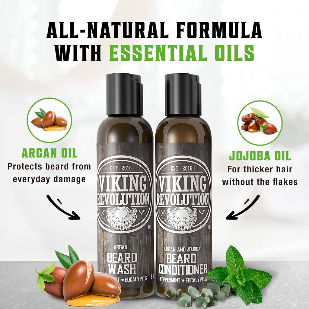 Beard Shampoo & Conditioner Set - Natural Wash & Conditioner with Argan & Jojoba Oils - Softens & Strengthens - Refreshing Peppermint & Eucalyptus - Perfect Gift for Men - 600 ml Total