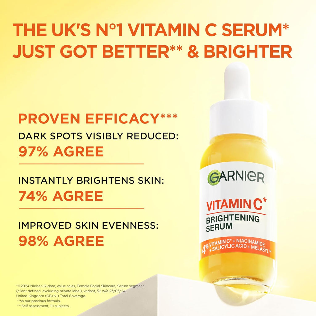 Garnier Vitamin C Brightening Serum for Face, with 4% Vitamin C, Niacinamide & Salicylic Acid, Brightens Skin, Reduces Dark Spots & Evens Skin Tone, Serum 30Ml