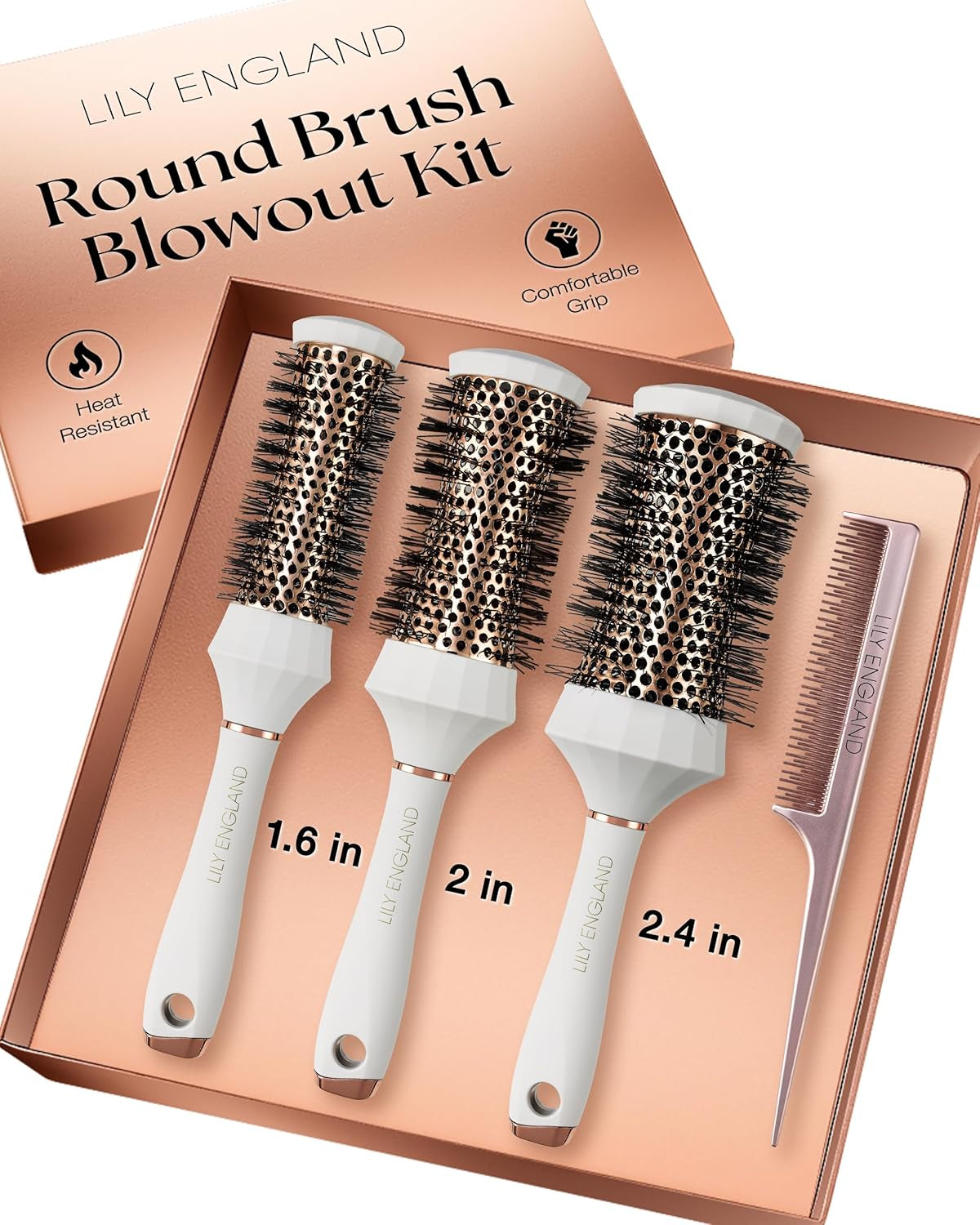 Professional Round Hair Brush Set - 4 Piece Blow Dry Kit with 3 Round Brushes & Styling Comb - Perfect Beauty Gift for Women