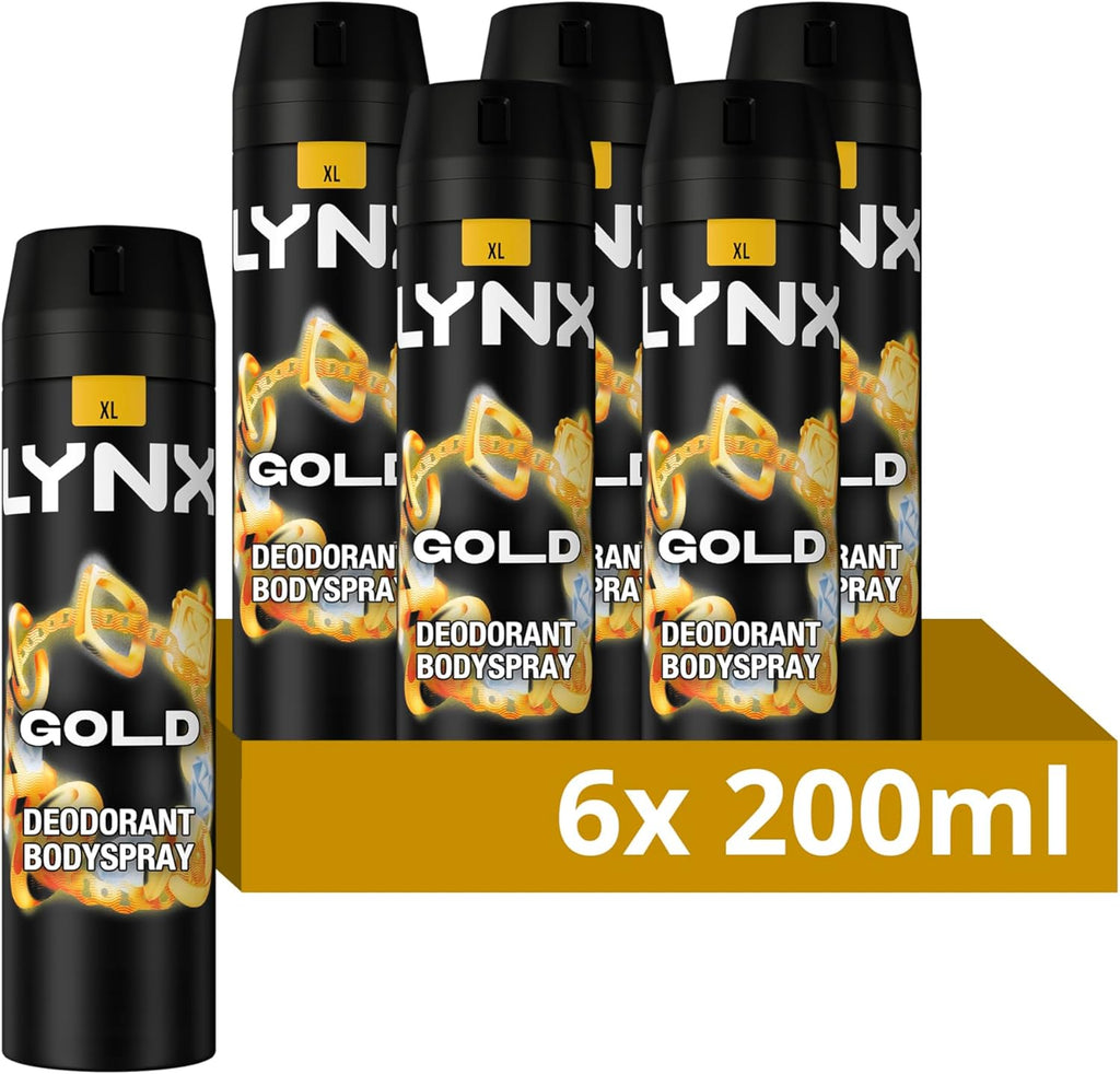 Men Gold Deodorant Body Spray - Oud Wood & Fresh Vanilla Scent, 48-Hour Odour Protection, 200ml, Pack of 6