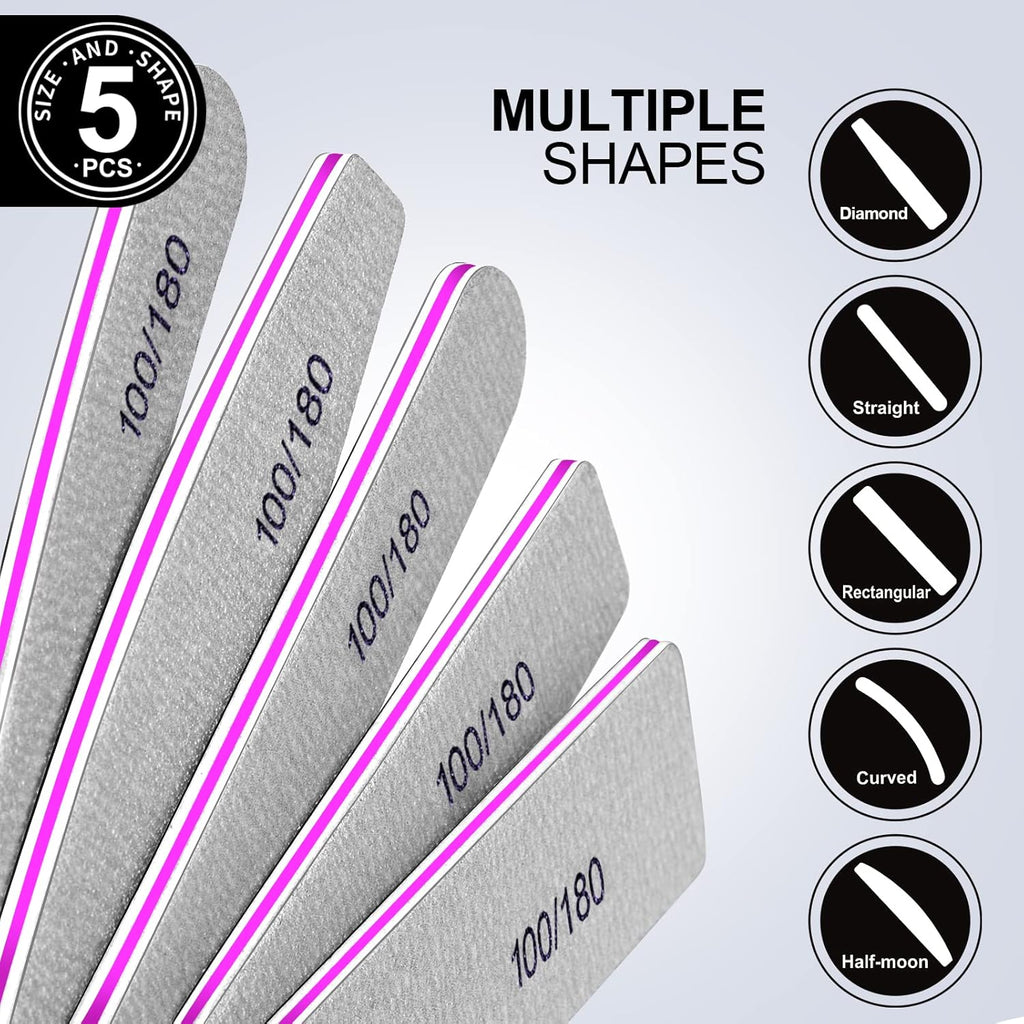 10-Piece Nail File Set - Versatile 5 Shapes for Acrylic & Gel Nails, 100/180 Grit Emery Boards & Buffers