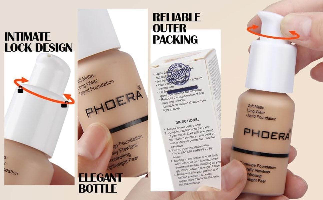 ® Phoera Foundation - Full Coverage Soft Matte Liquid Foundation & Concealer, 24HR Waterproof, Oil Control, Blendable 30ml (102 Nude)
