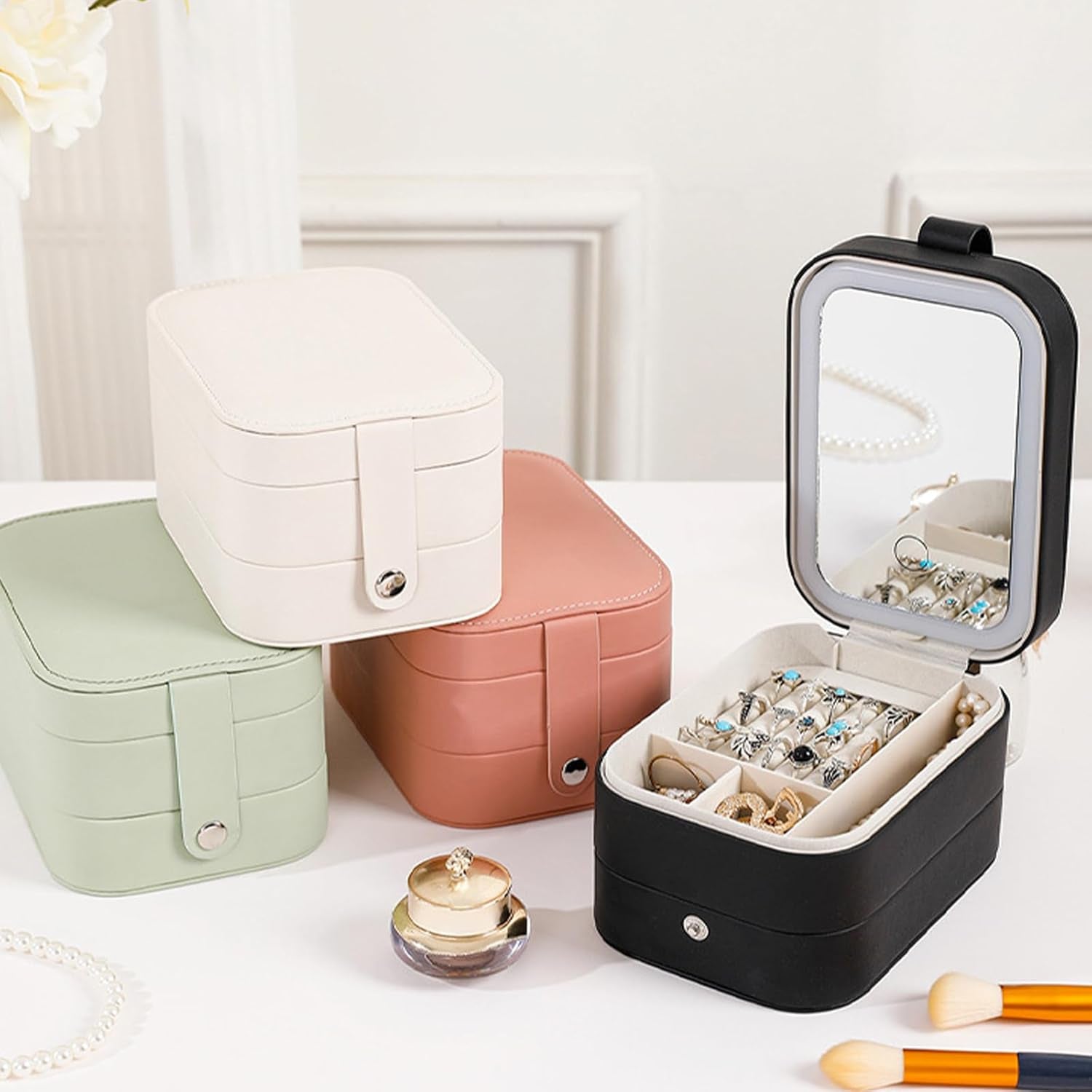 3-Layer Travel Makeup Bag with LED Illuminated Mirror - Stylish Portable Organizer for Cosmetics and Jewelry in White