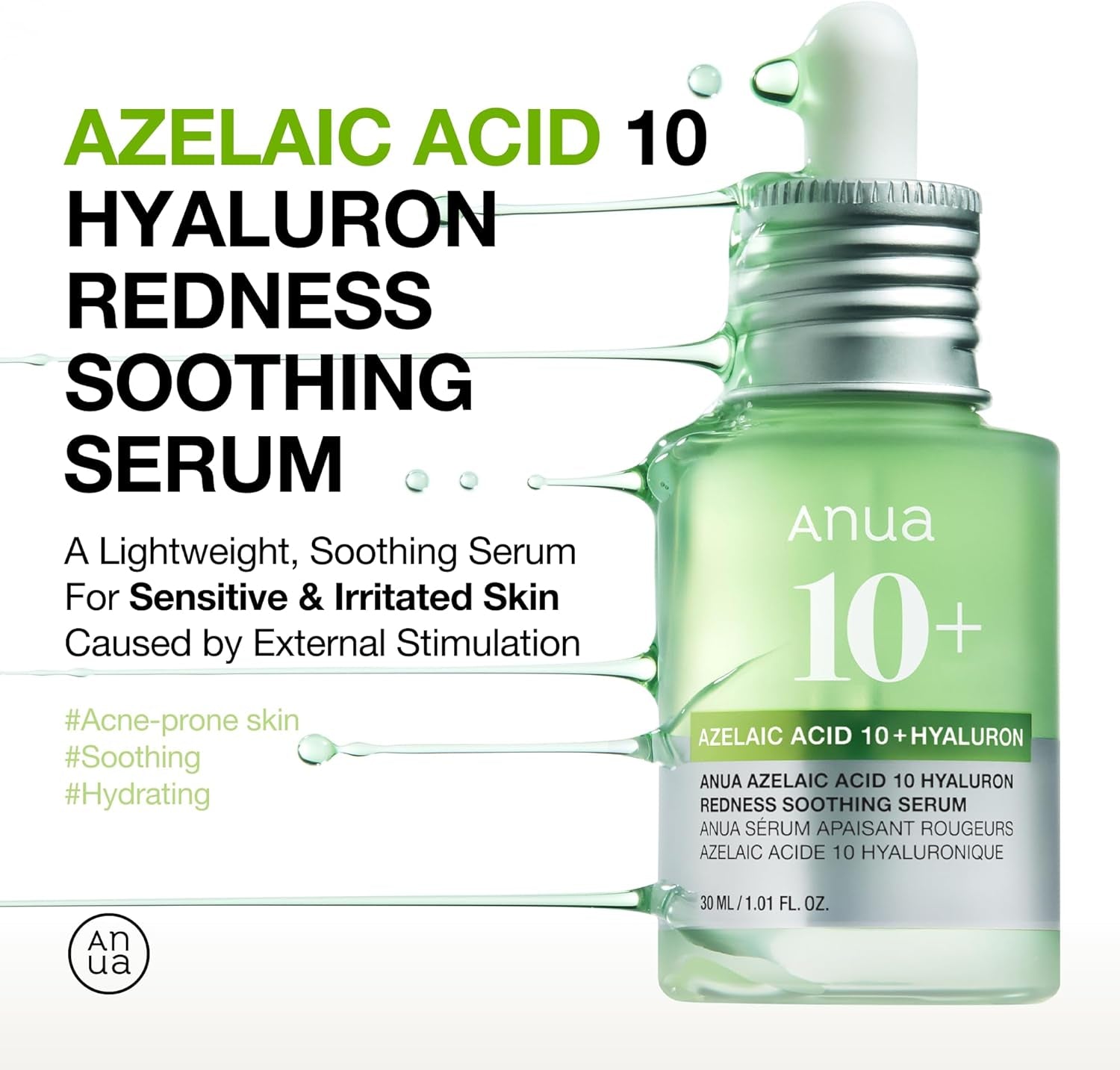 Azelaic Acid 10% & Hyaluronic Acid Redness Soothing Serum for Sensitive Skin - Vegan Korean Skincare (30ml)