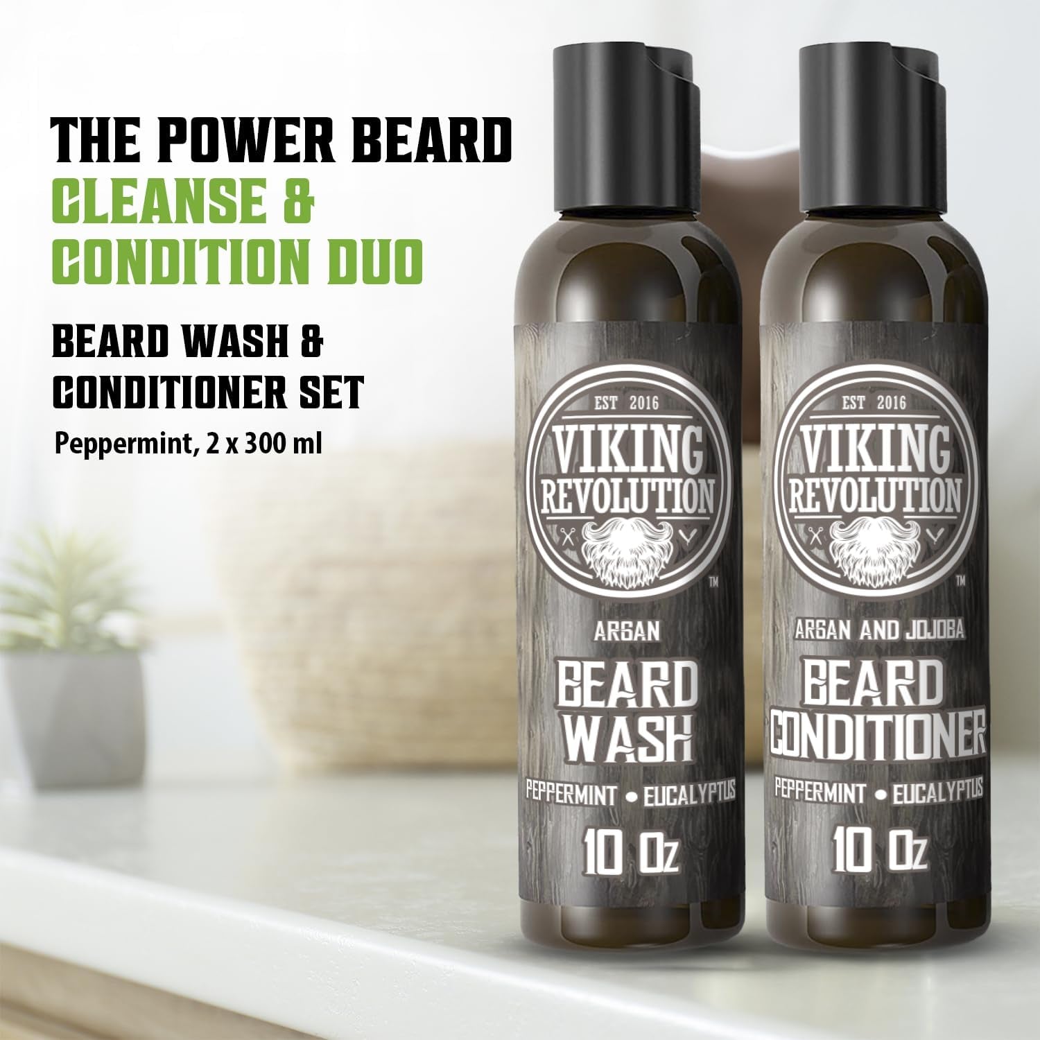 Beard Shampoo & Conditioner Set - Natural Wash & Conditioner with Argan & Jojoba Oils - Softens & Strengthens - Refreshing Peppermint & Eucalyptus - Perfect Gift for Men - 600 ml Total