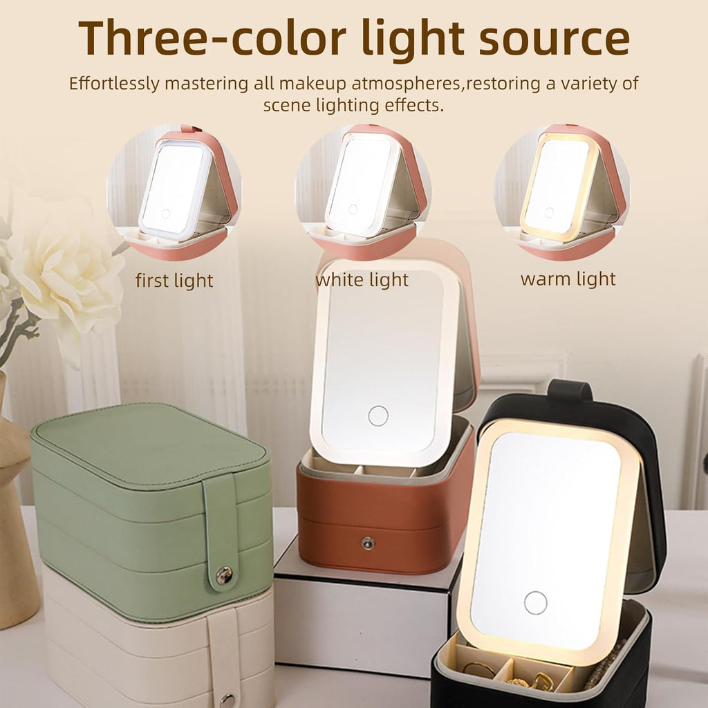 3-Layer Travel Makeup Bag with LED Illuminated Mirror - Stylish Portable Organizer for Cosmetics and Jewelry in White