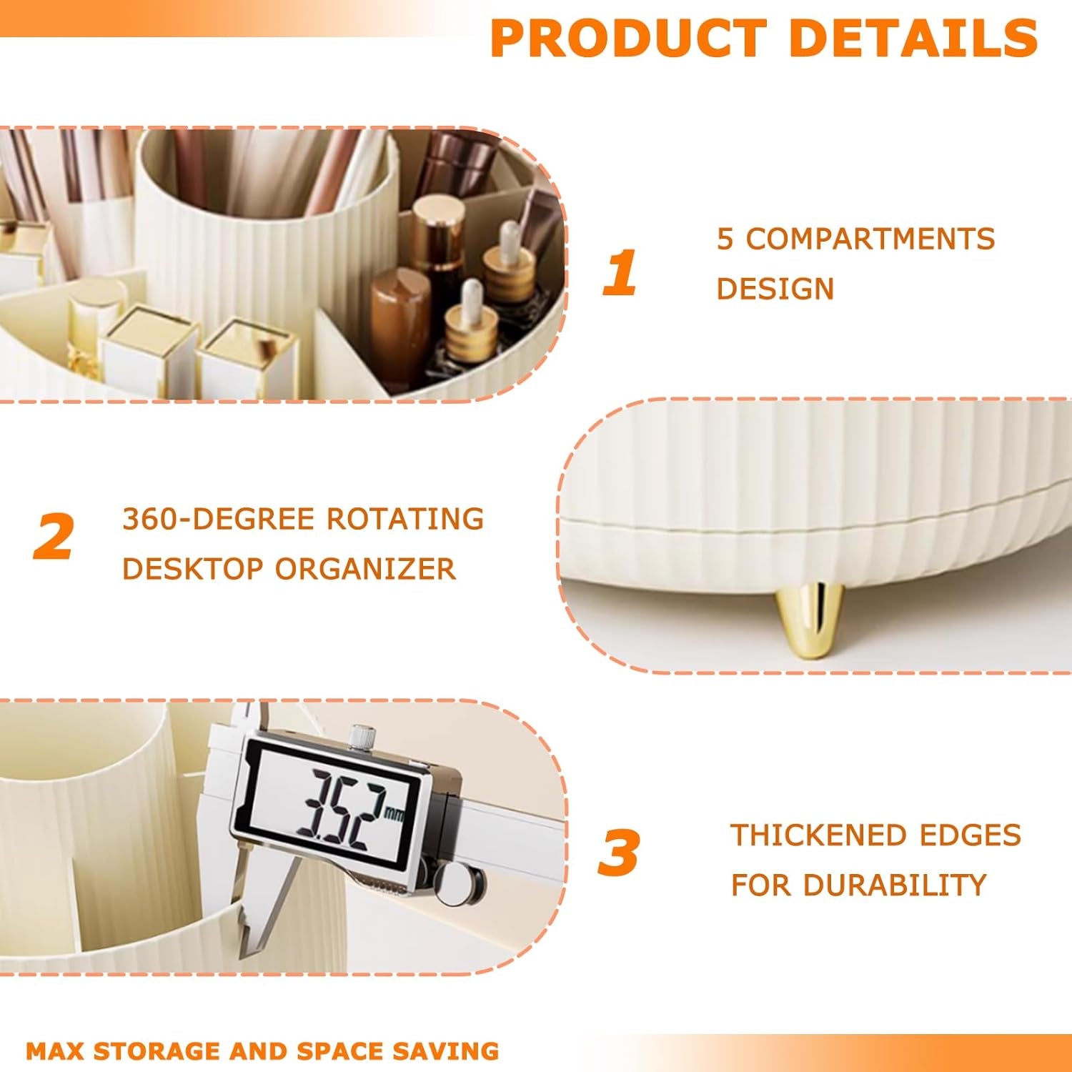 360° Rotating Makeup Organizer - Stylish 5-Compartment Brush Holder for Vanity, Desk & Office (White)