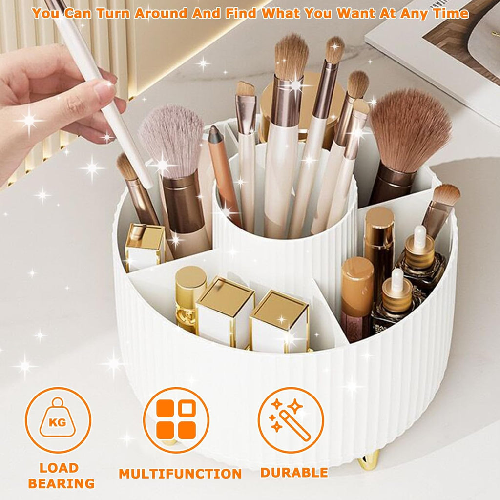 360° Rotating Makeup Organizer - Stylish 5-Compartment Brush Holder for Vanity, Desk & Office (White)