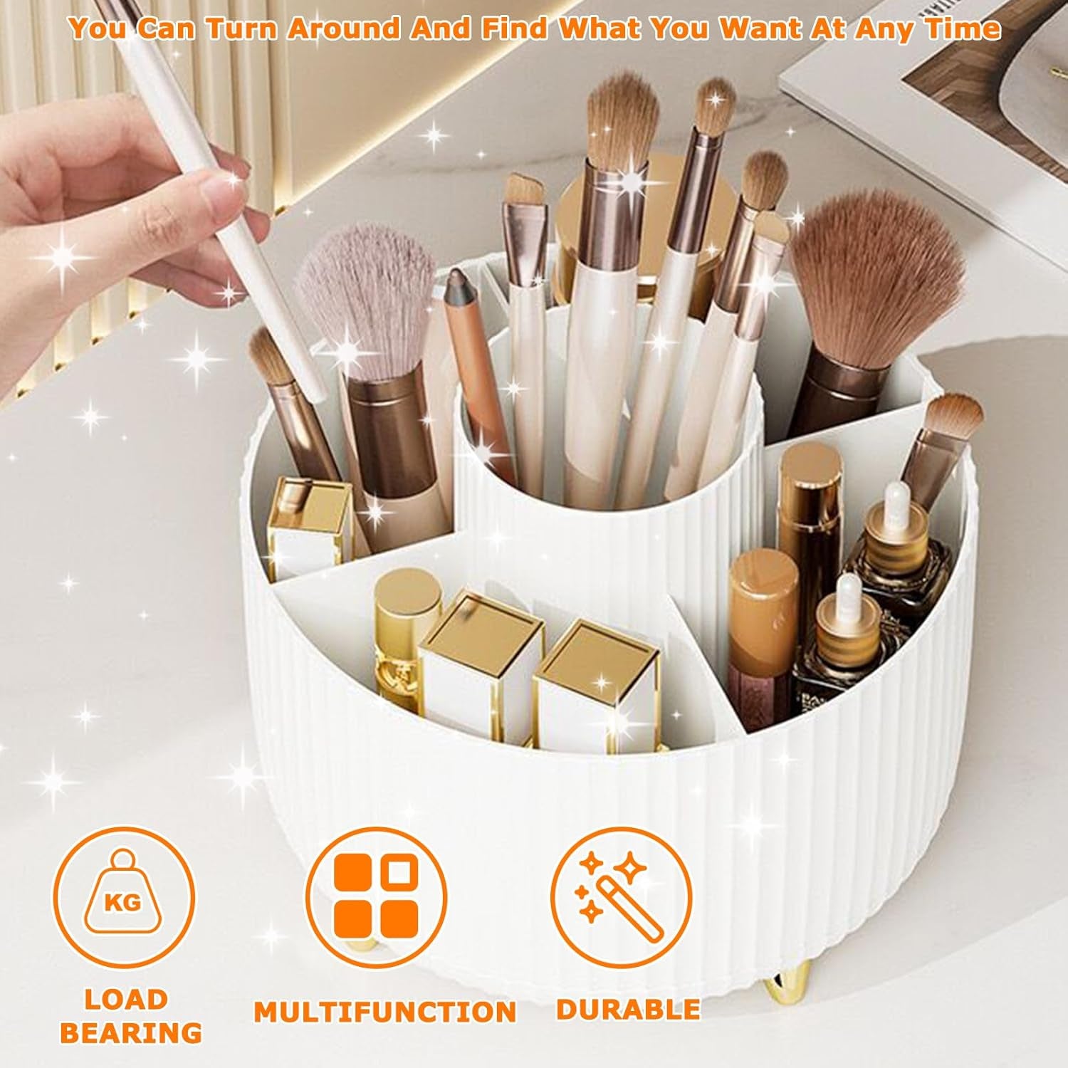 360° Rotating Makeup Organizer - Stylish 5-Compartment Brush Holder for Vanity, Desk & Office (White)