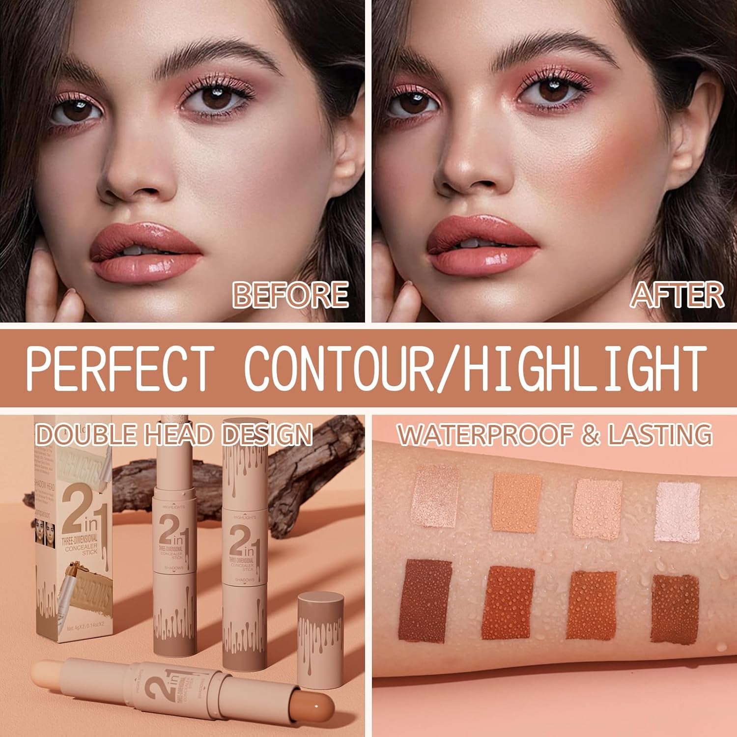 2-in-1 Cream Contour & Highlighter Stick - Easy Blendable Bronzer for Flawless Face Shaping (Pearl White & Dark Brown)