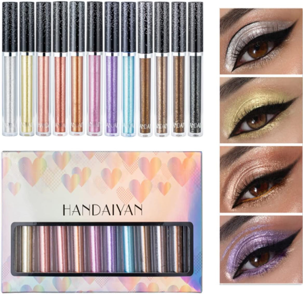 Vibrant 12-Color Liquid Eyeshadow Set - Waterproof, Long-Lasting, Glittery & Metallic for Stunning Smokey Eyes